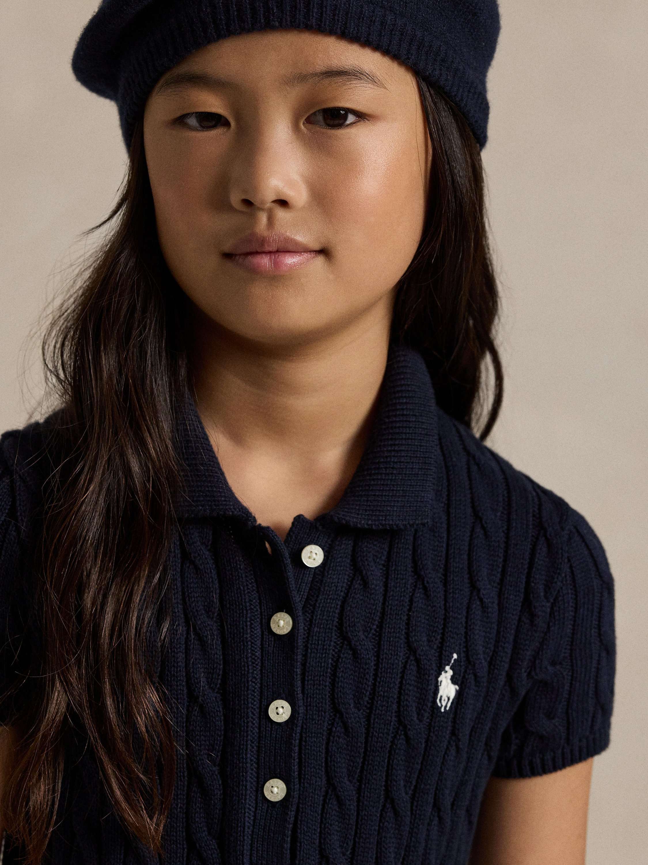 Kids' Cable Knit Cotton Polo Jumper Dress, Navy/Cream