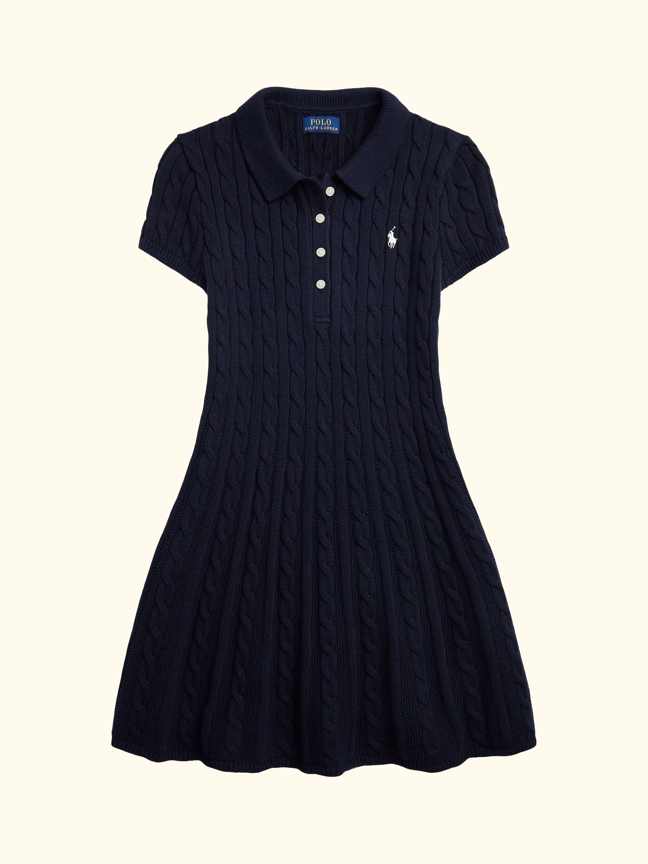 Kids' Cable Knit Cotton Polo Jumper Dress, Navy/Cream