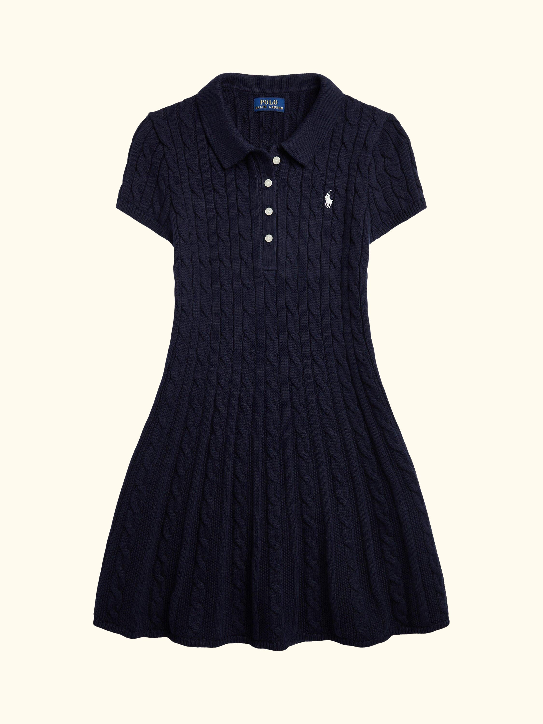 Kids' Cable Knit Cotton Polo Jumper Dress, Navy/Cream