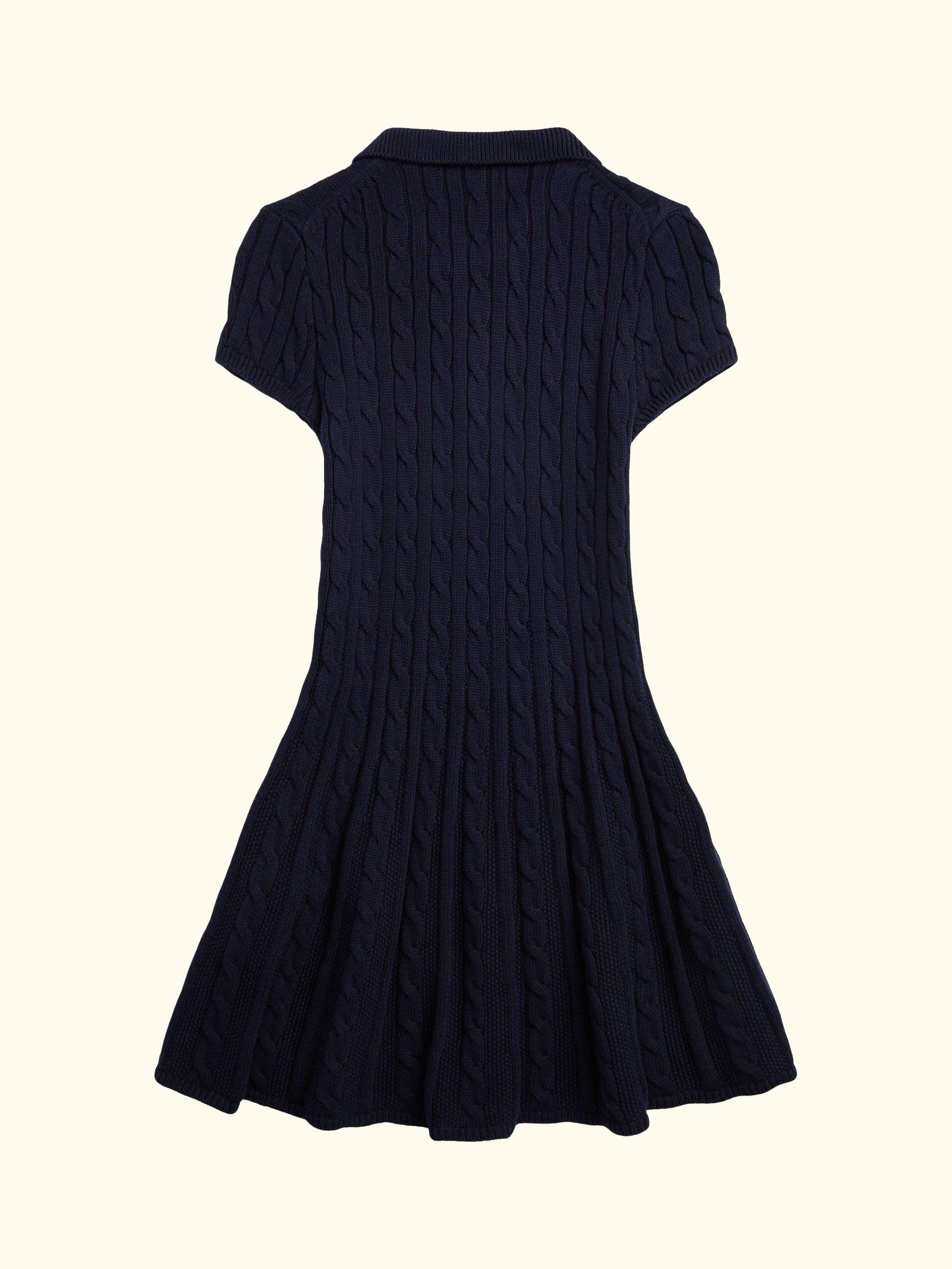 Kids' Cable Knit Cotton Polo Jumper Dress, Navy/Cream