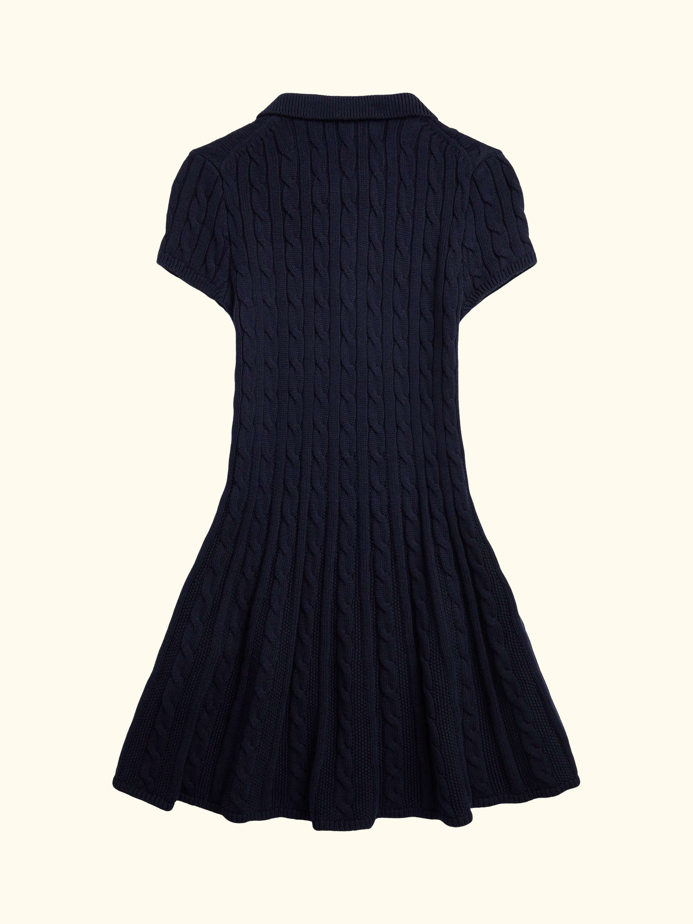 Kids' Cable Knit Cotton Polo Jumper Dress, Navy/Cream