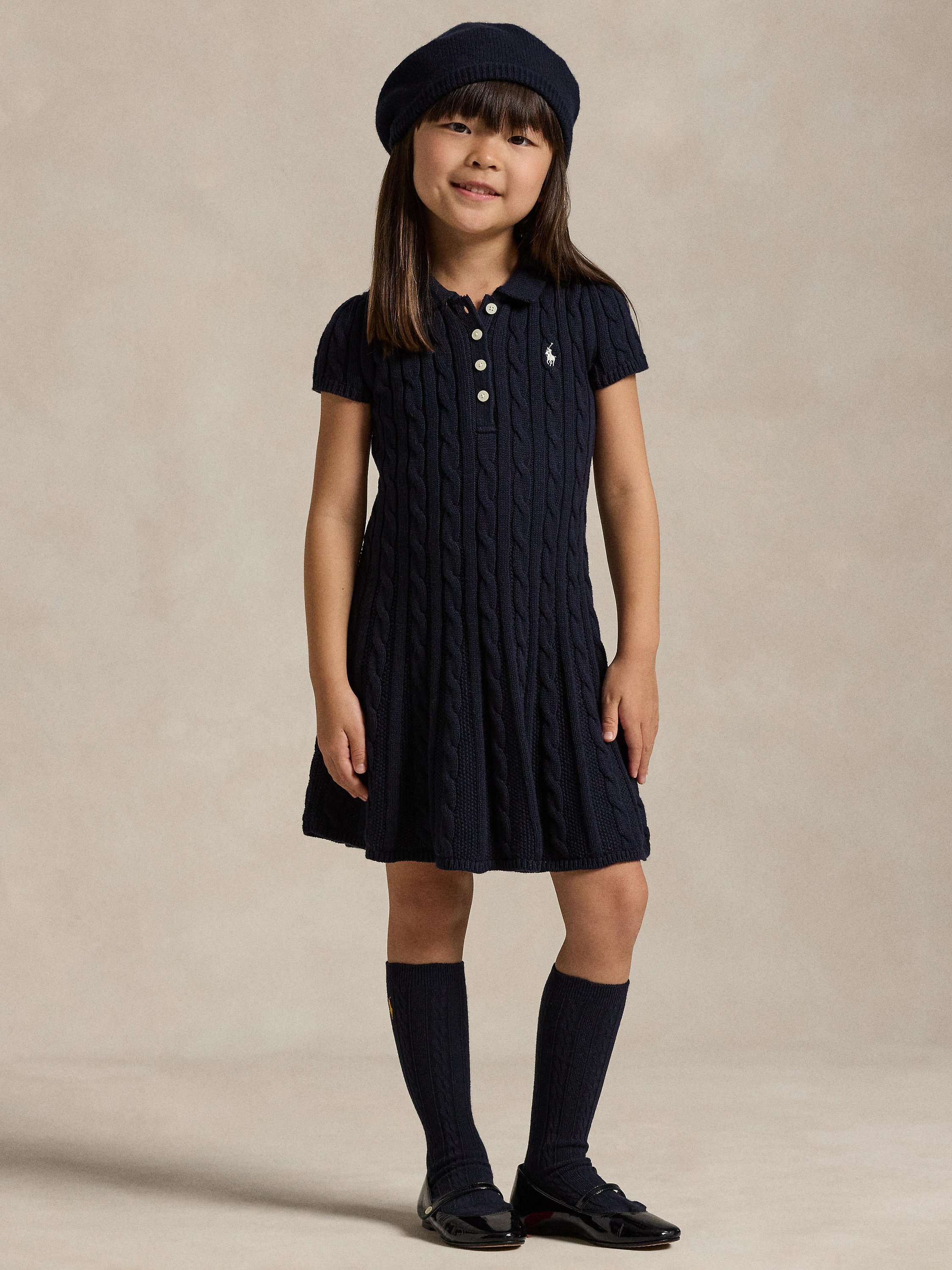 Kids' Cotton Cable Knit Polo Jumper Dress, Navy/Cream
