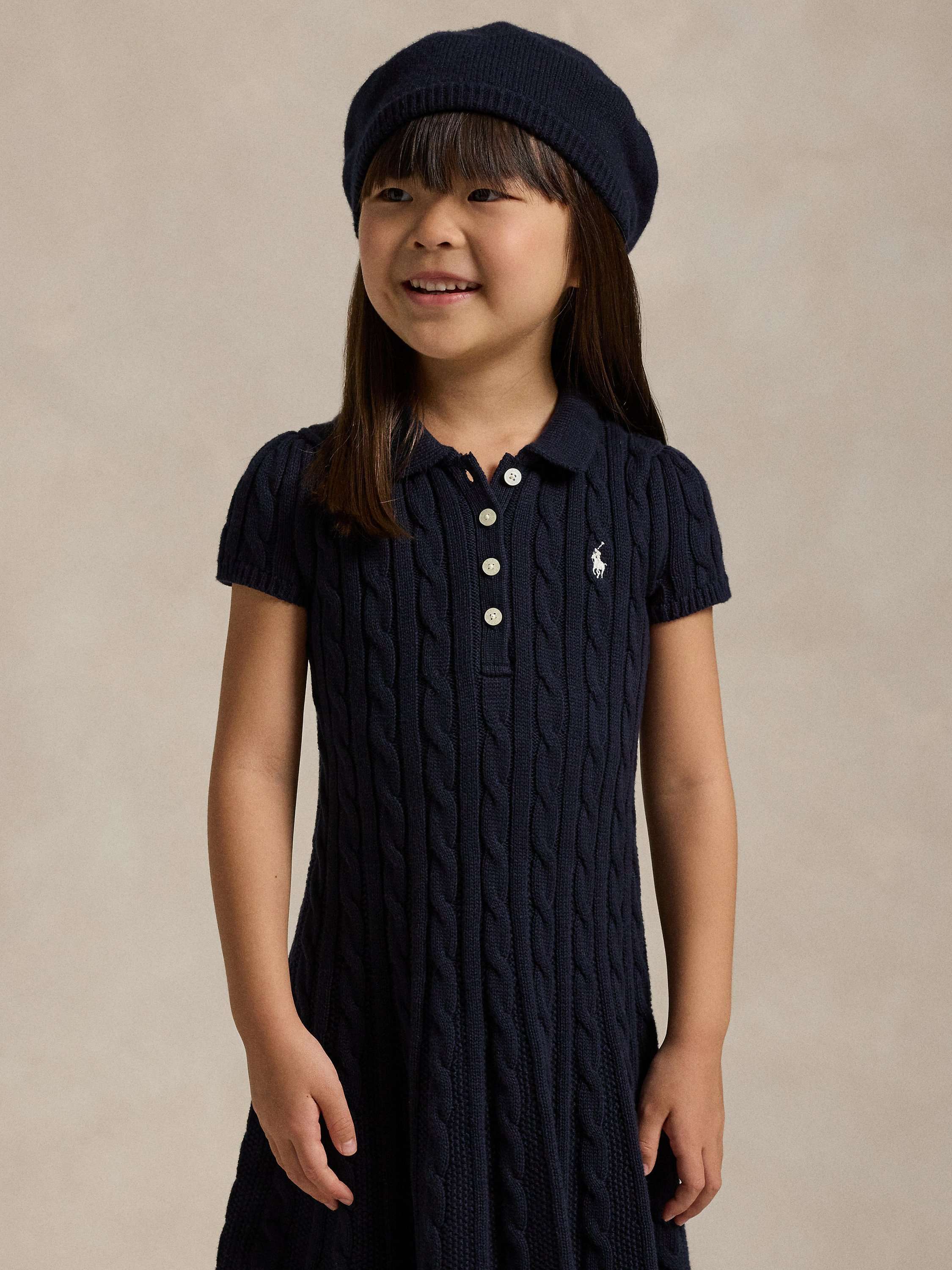 Kids' Cotton Cable Knit Polo Jumper Dress, Navy/Cream