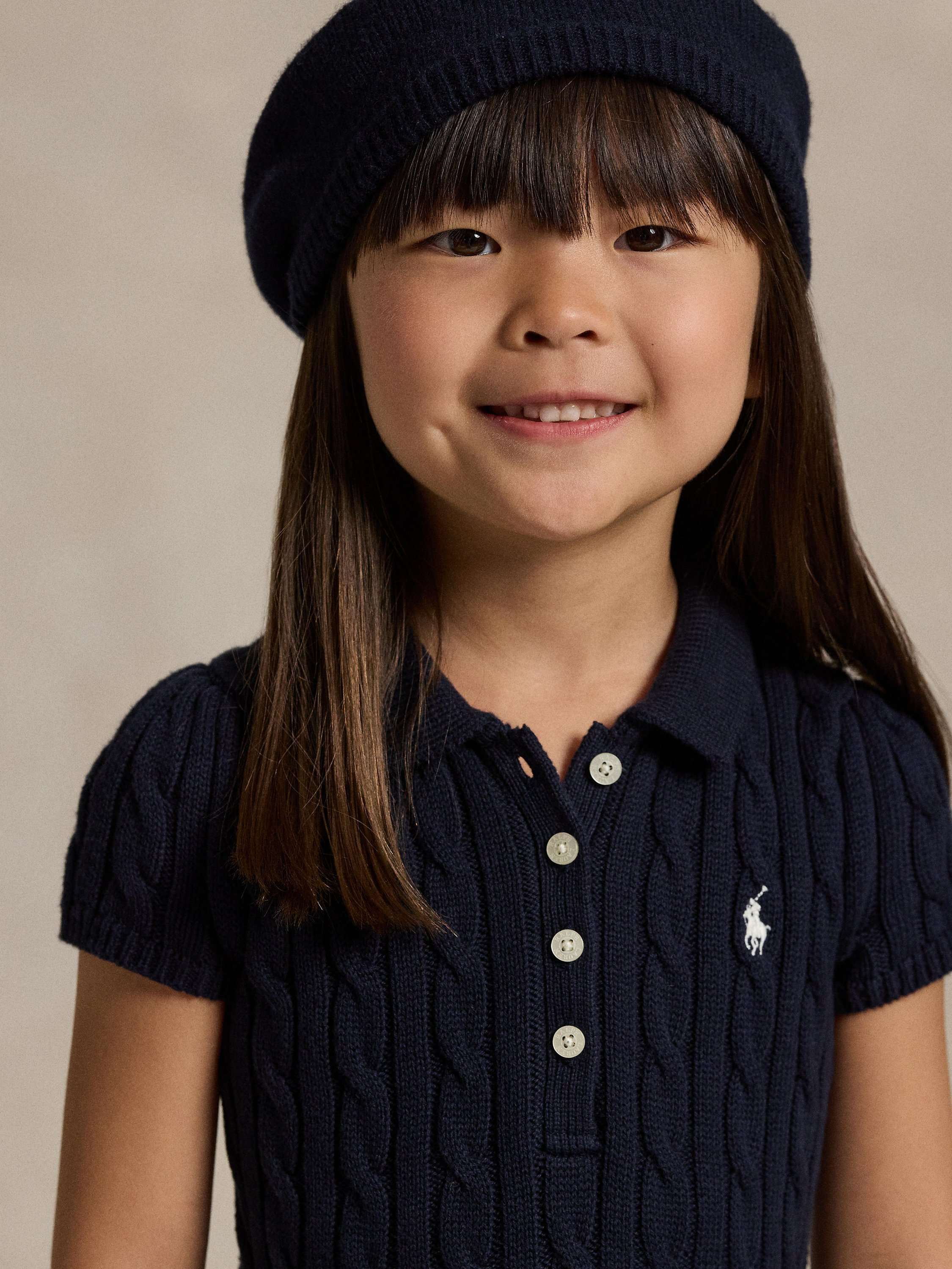 Kids' Cotton Cable Knit Polo Jumper Dress, Navy/Cream