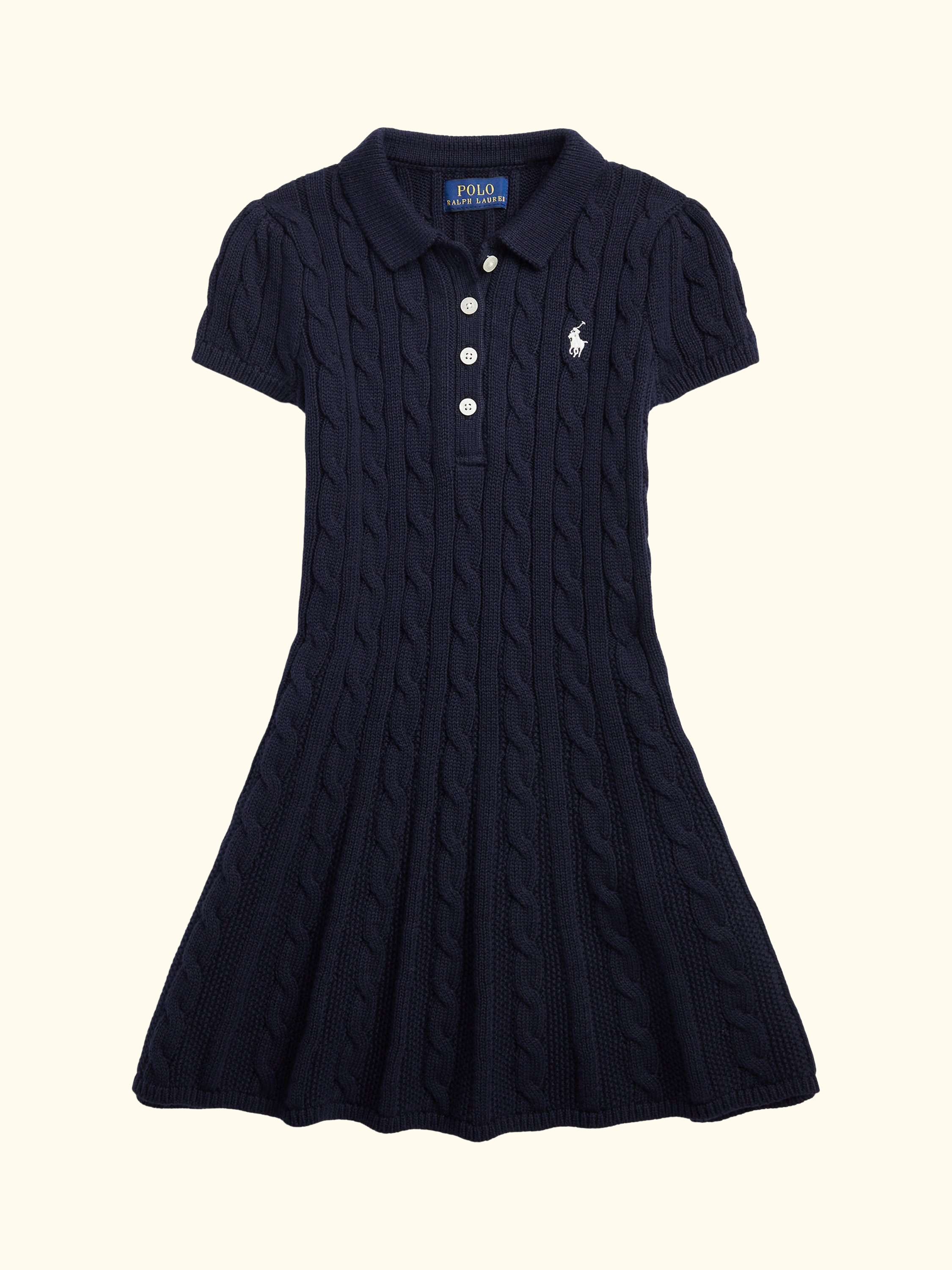 Kids' Cotton Cable Knit Polo Jumper Dress, Navy/Cream