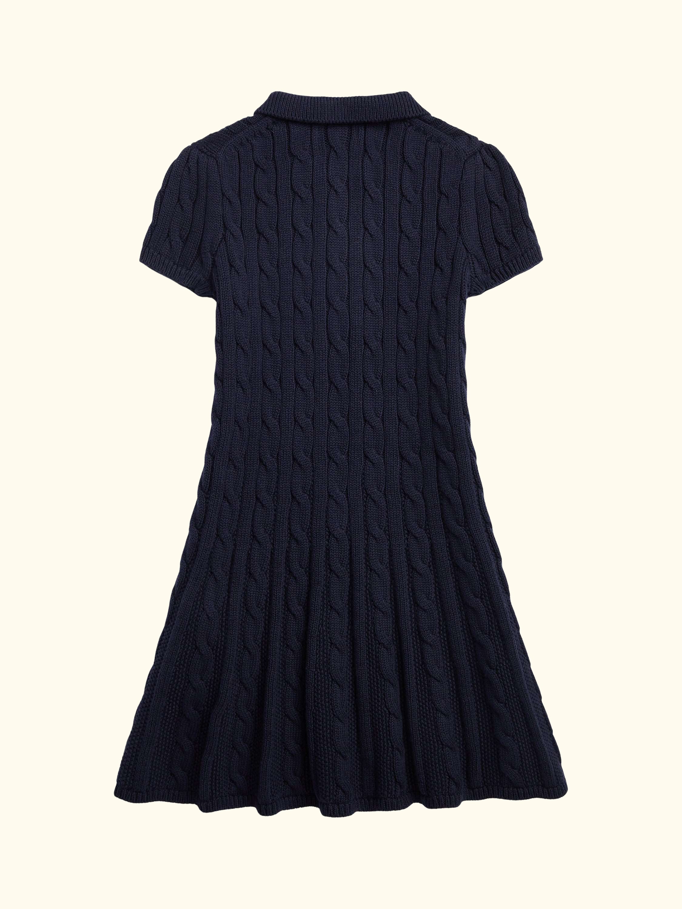Kids' Cotton Cable Knit Polo Jumper Dress, Navy/Cream