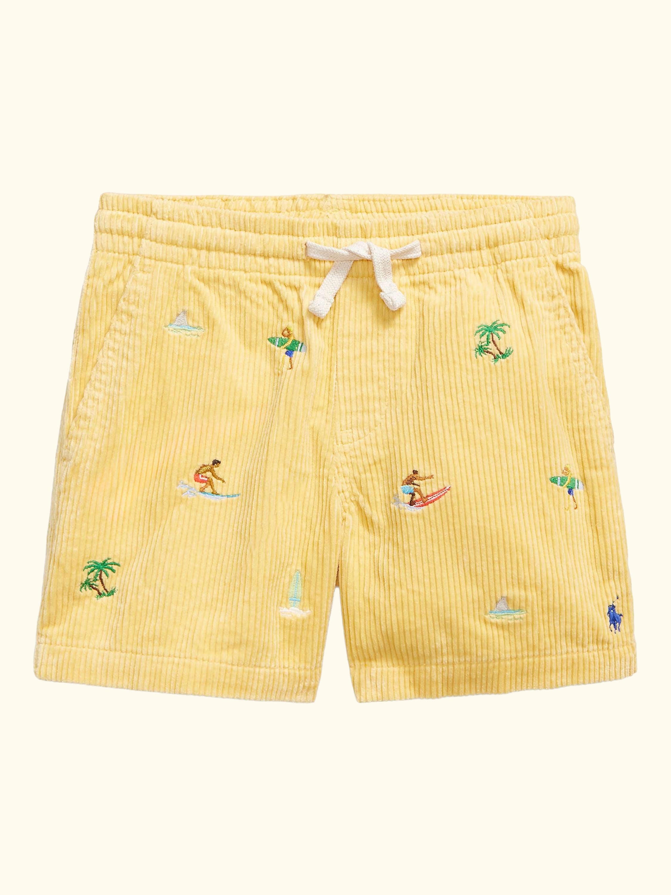 Kids' Corduroy Embroidered Drawstring Shorts, Yellow Surf