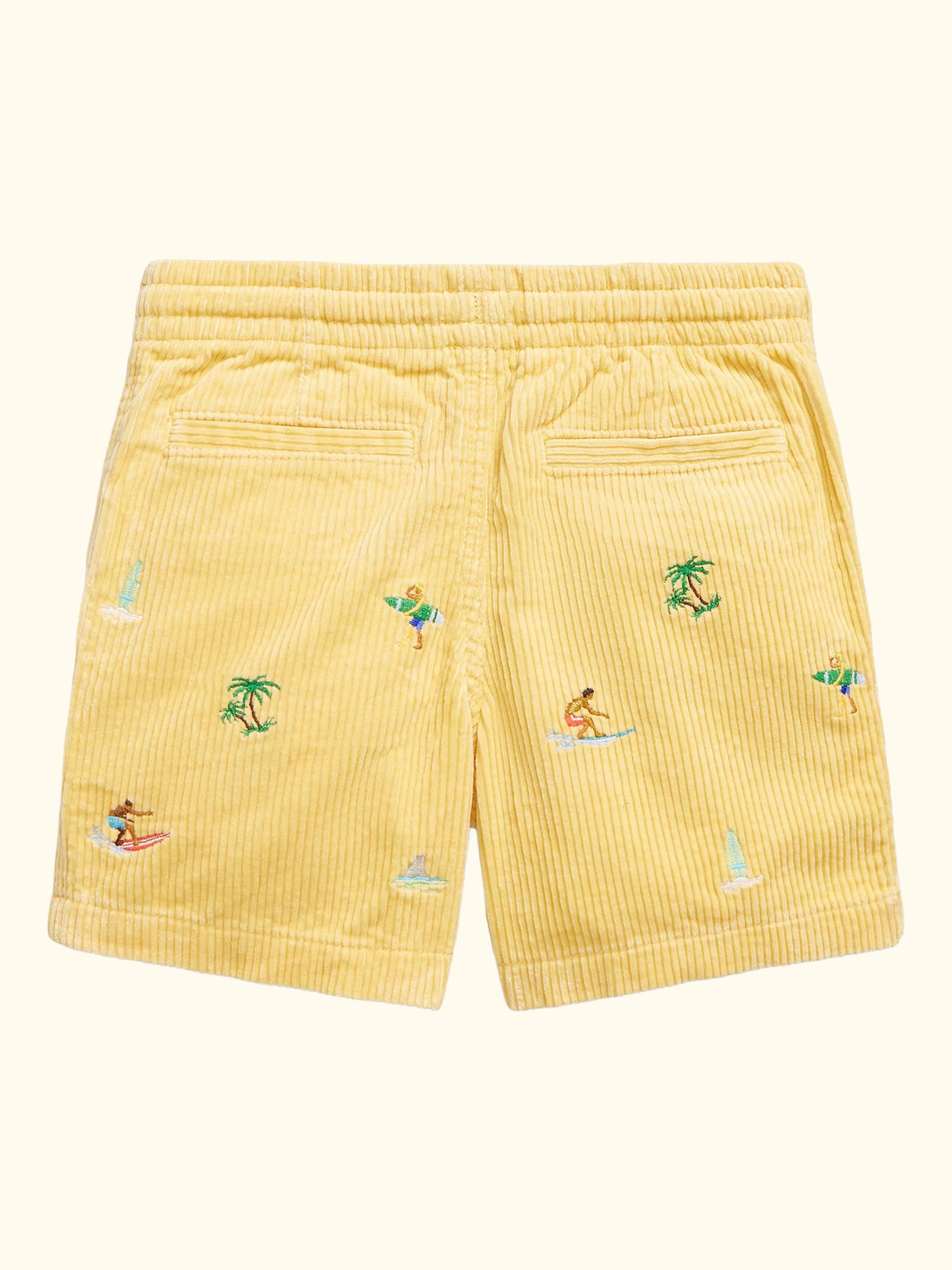 Kids' Corduroy Embroidered Drawstring Shorts, Yellow Surf