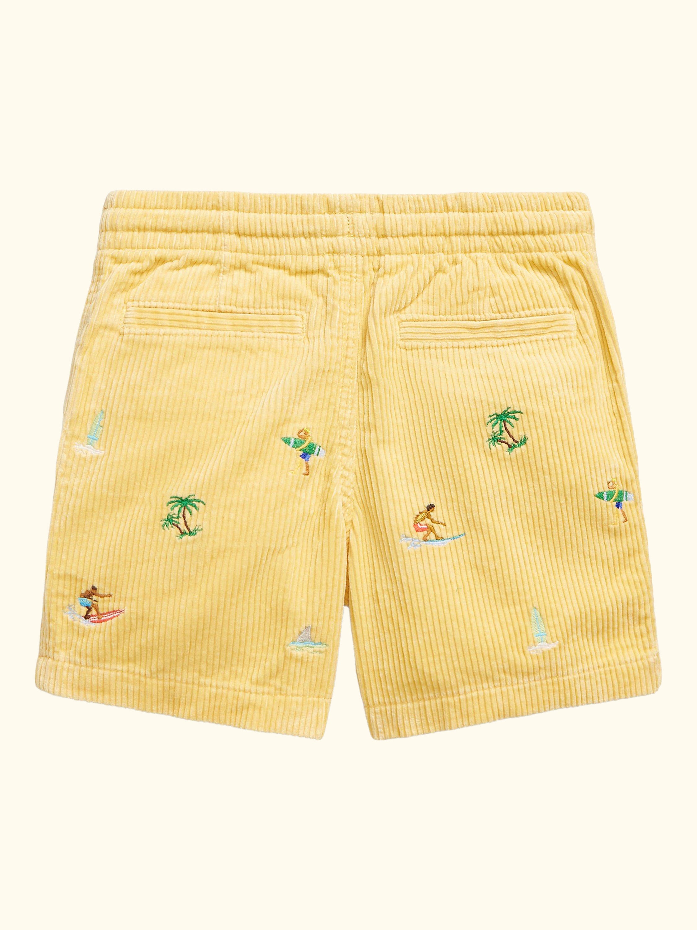 Kids' Corduroy Embroidered Drawstring Shorts, Yellow Surf
