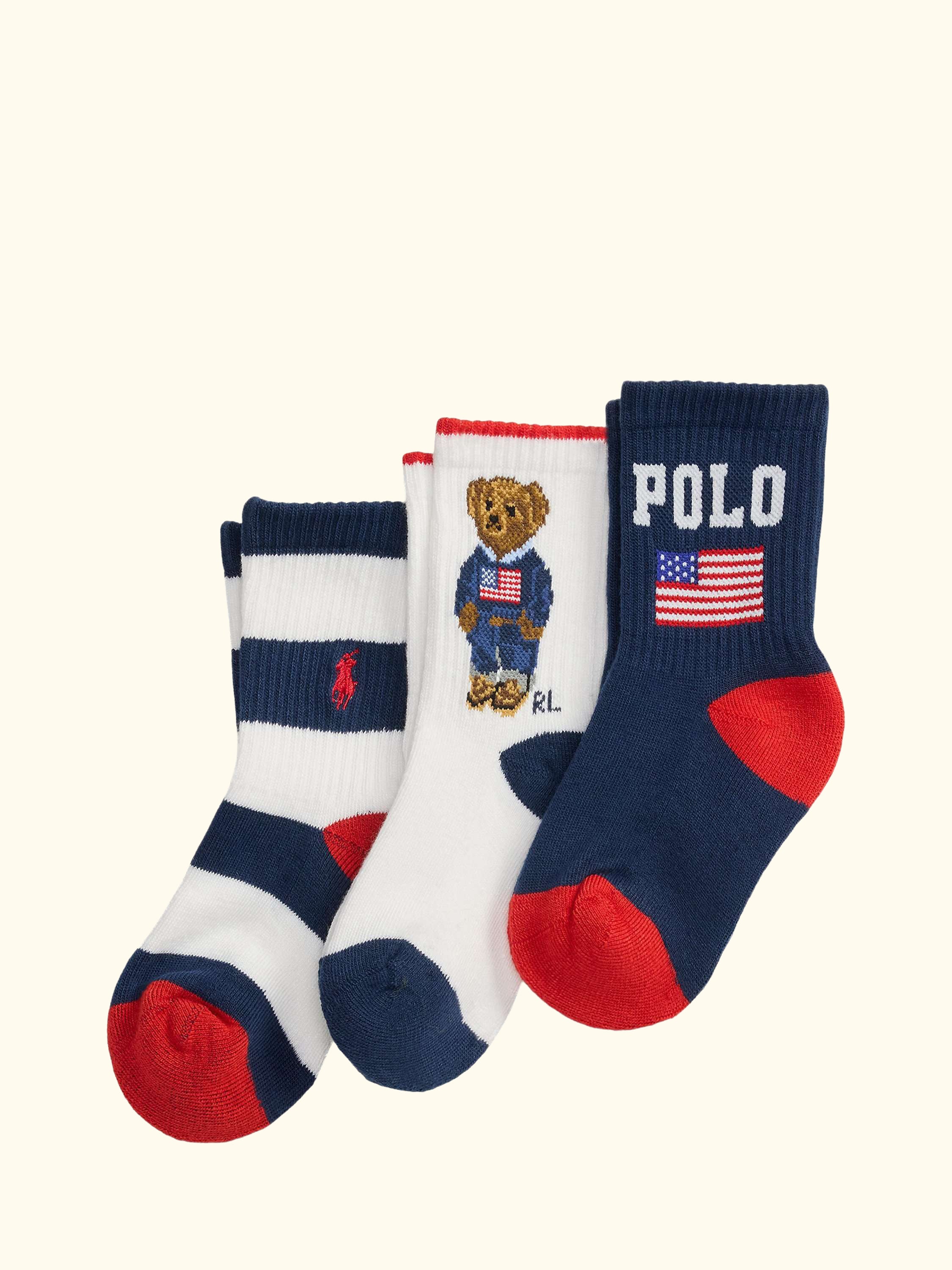 Kids' Polo Bear Crew Socks, Whit/Nv/Rd