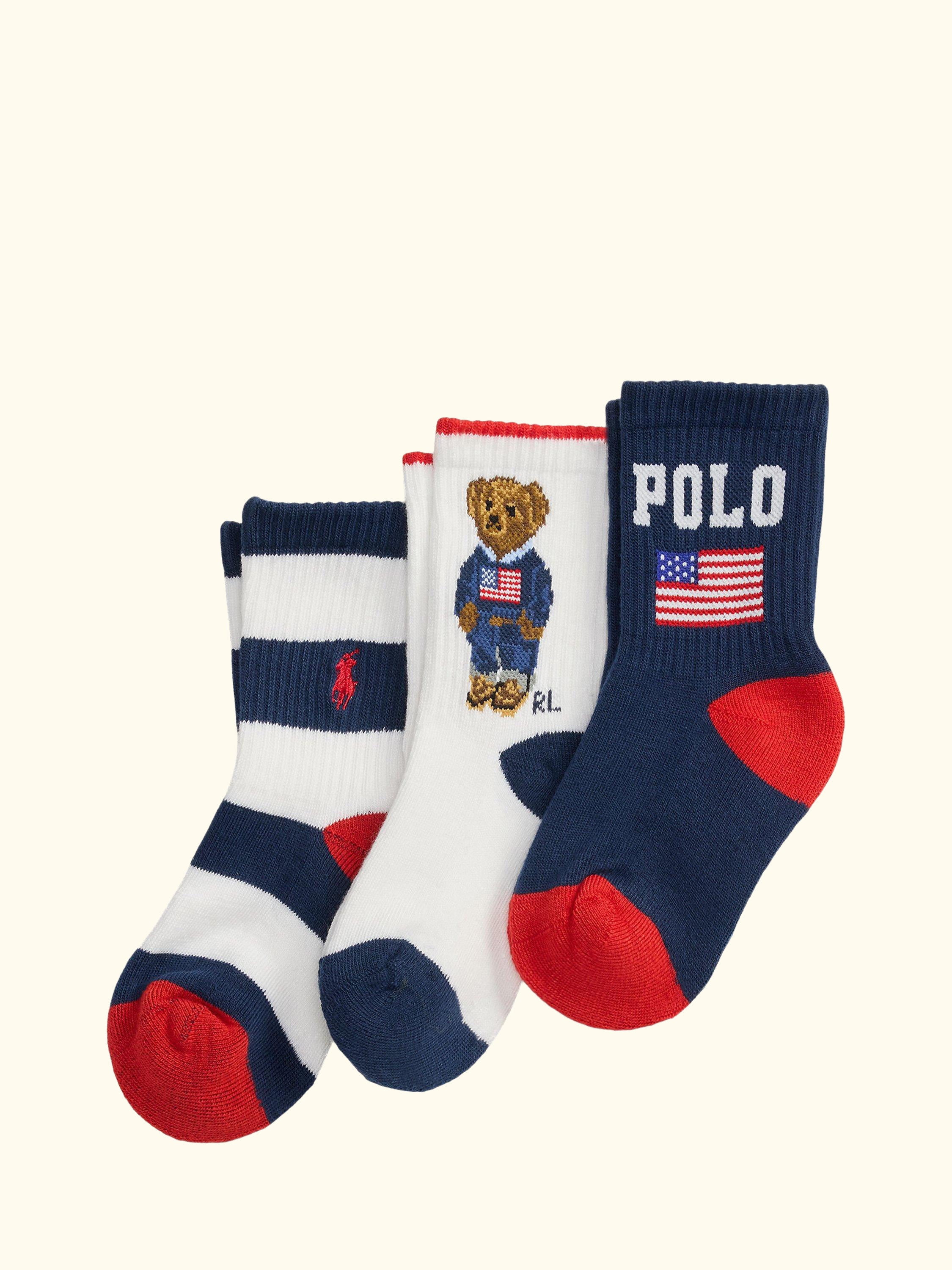 Kids' Polo Bear Crew Socks, Whit/Nv/Rd