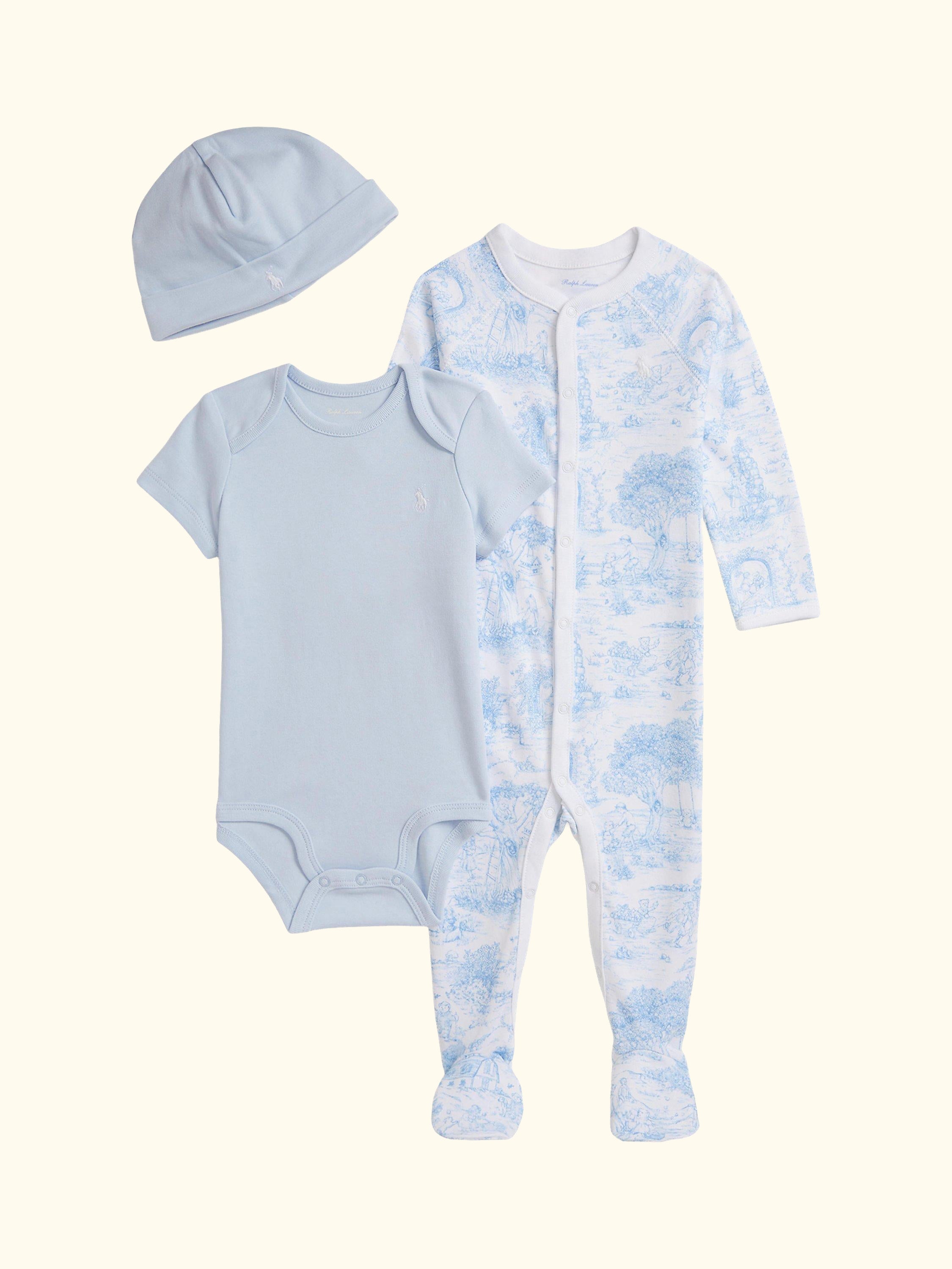 Baby Cotton Knit Toile 3 Piece Gift Box Set, Blue Mu