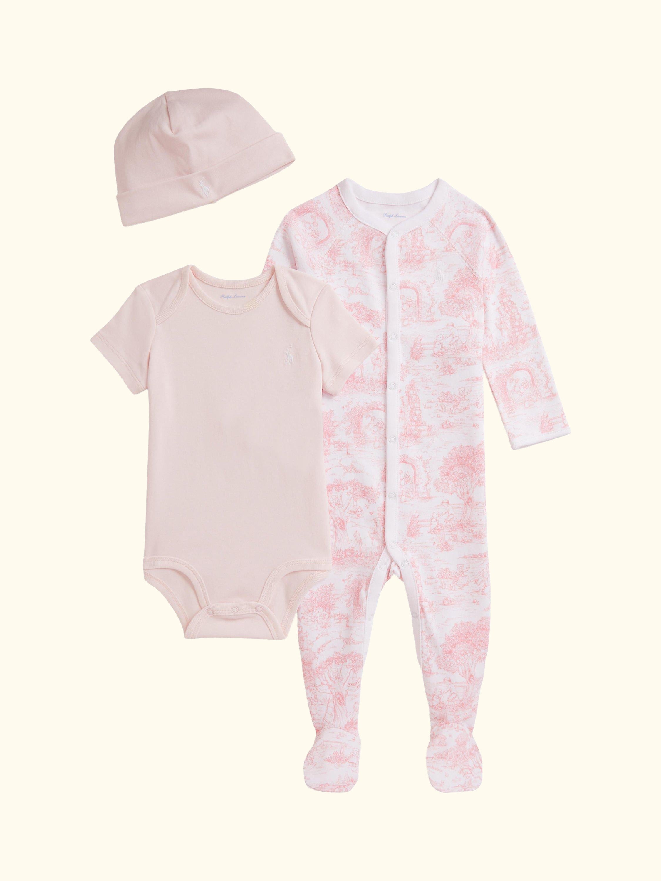 Baby Pure Cotton Knitted Toile 3 Piece Gift Box Set, Pink Multi