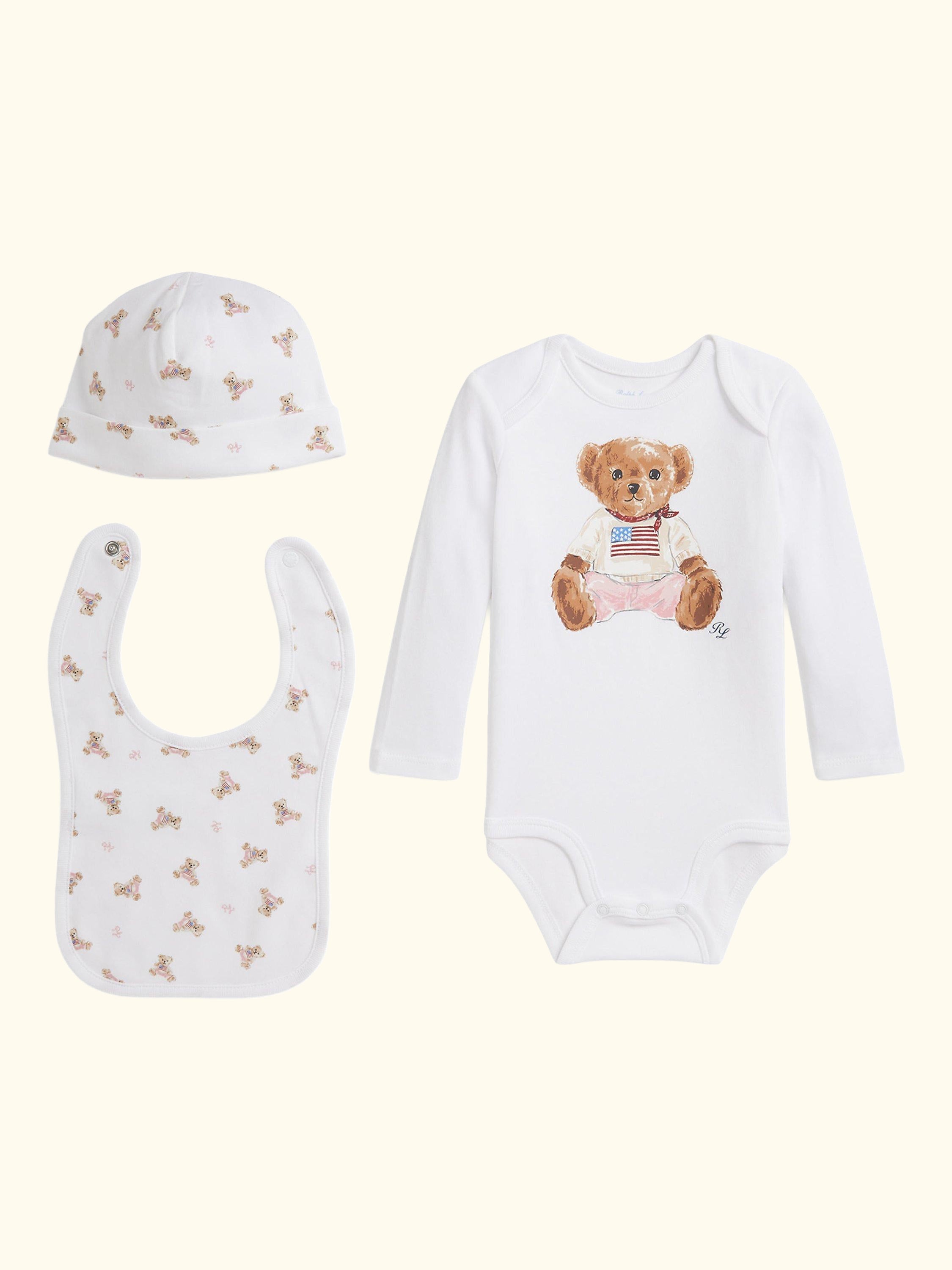 Baby Knitted Cotton Polo Bear 3 Piece Gift Box Set, White Multi