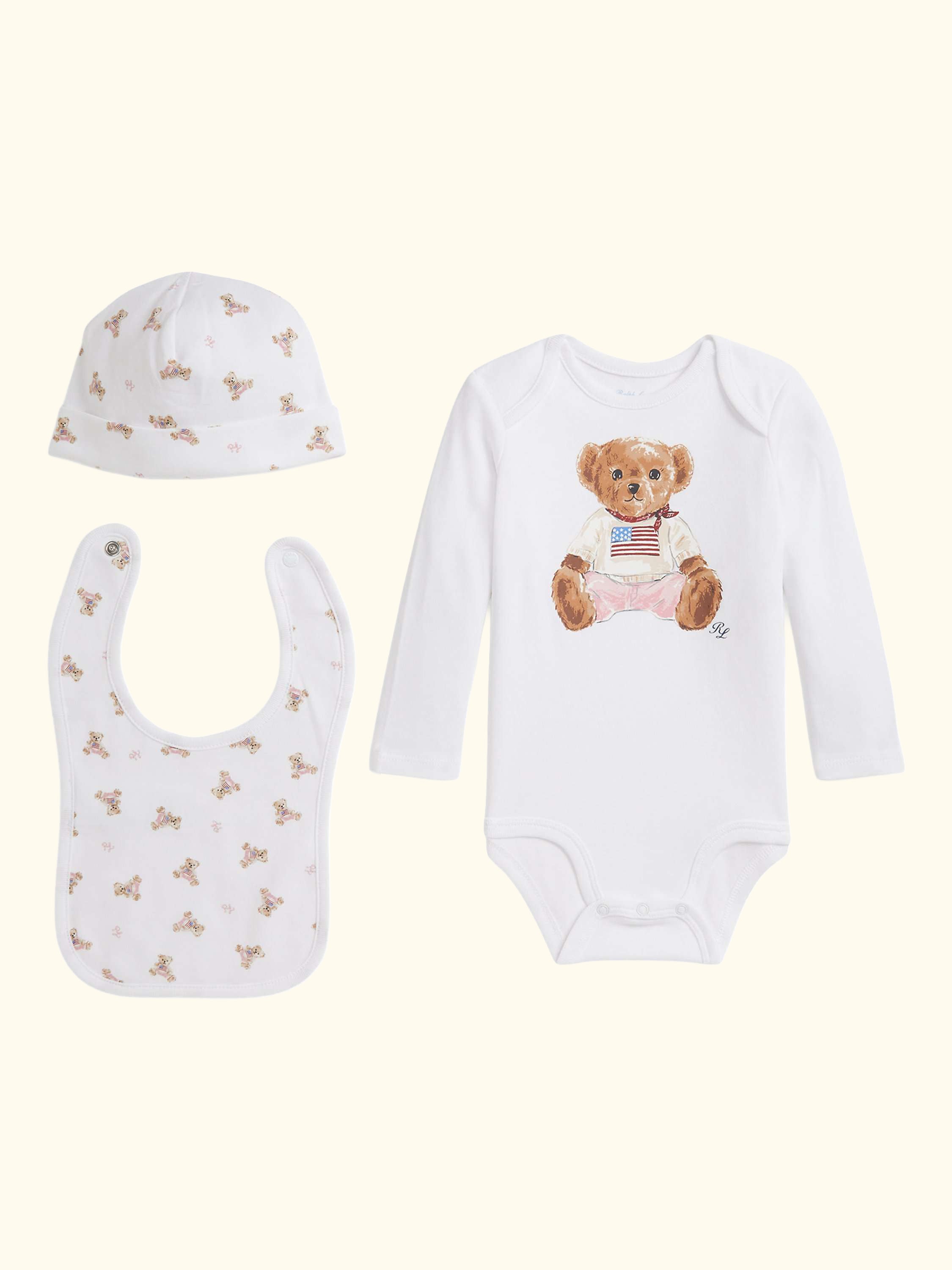 Baby Knitted Cotton Polo Bear 3 Piece Gift Box Set, White Multi