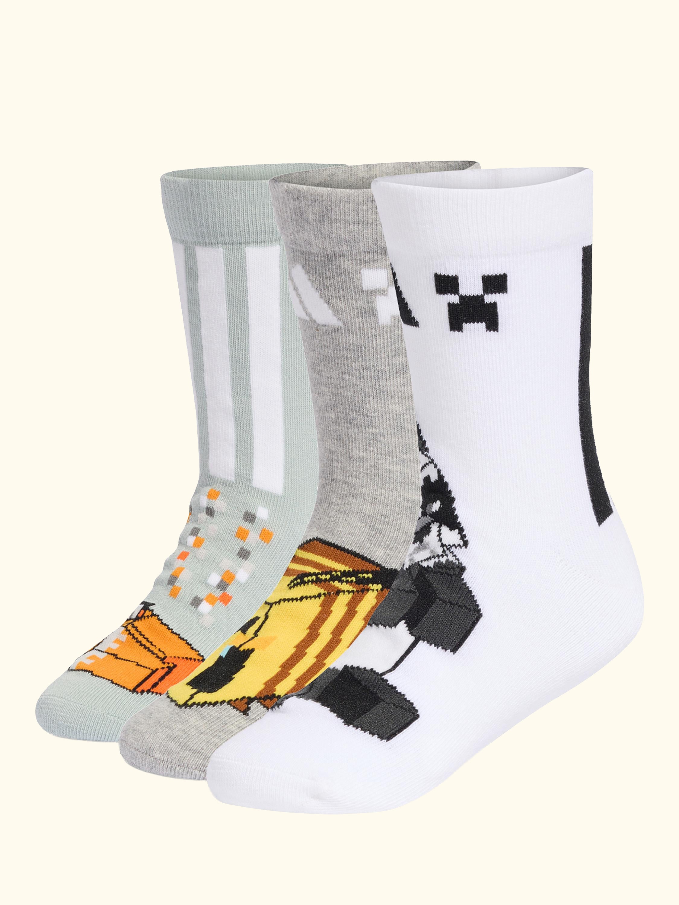 Kids' Minecraft Socks, Pack of 3, Wonder Sage/Medium Grey Heather/White