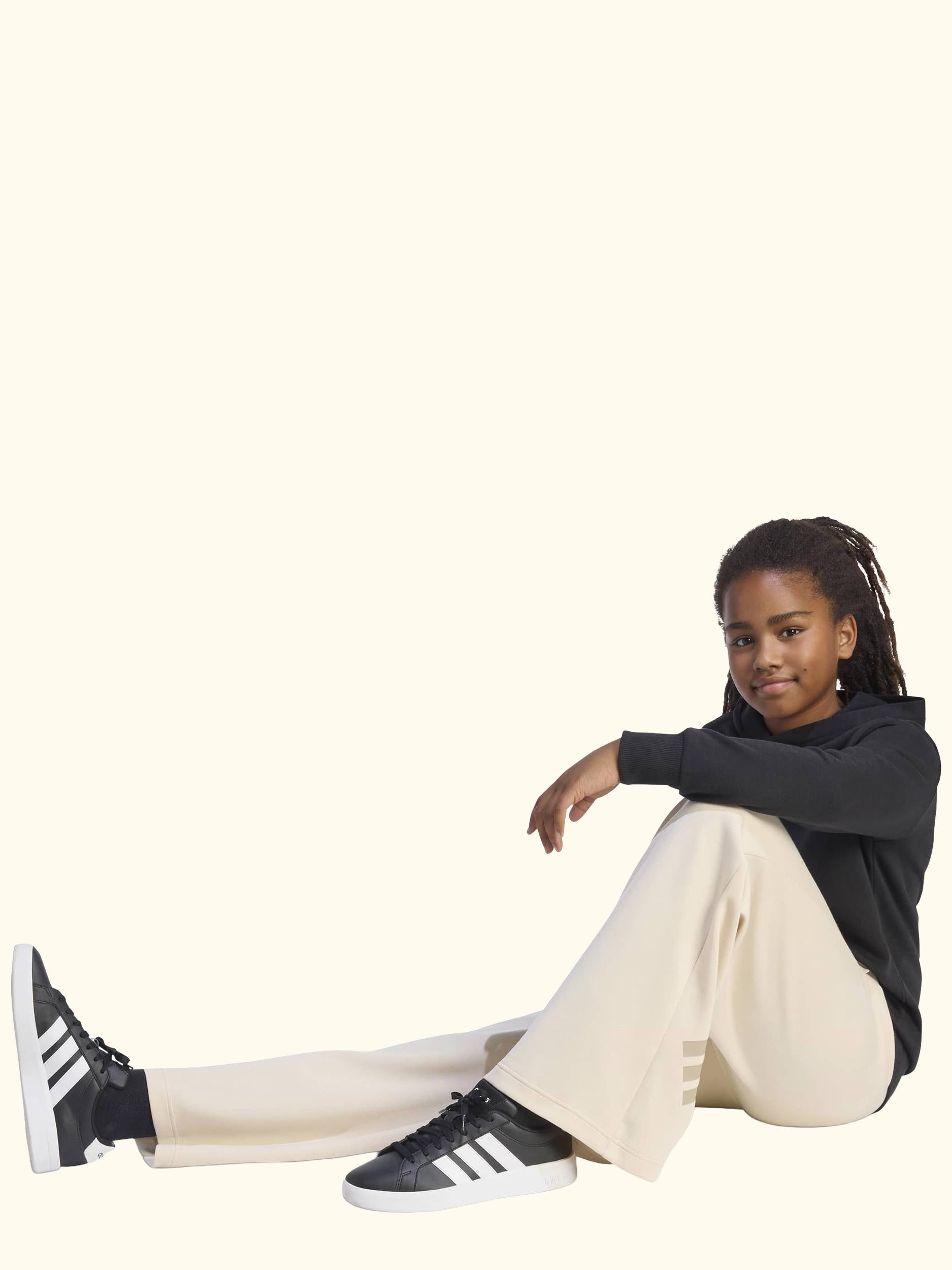 Kids' Future Icons 3-Stripes Wide Leg Trousers, Crystal Linen/ Trace Khaki