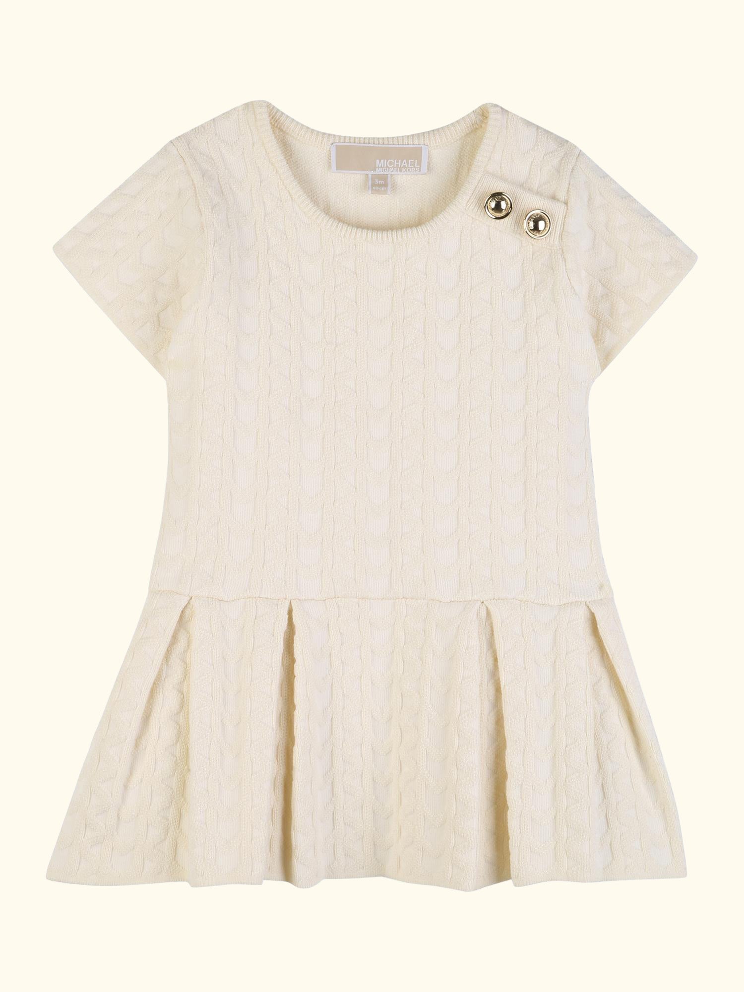 Baby Knitted Short Sleeve Pleated Dress, Cream