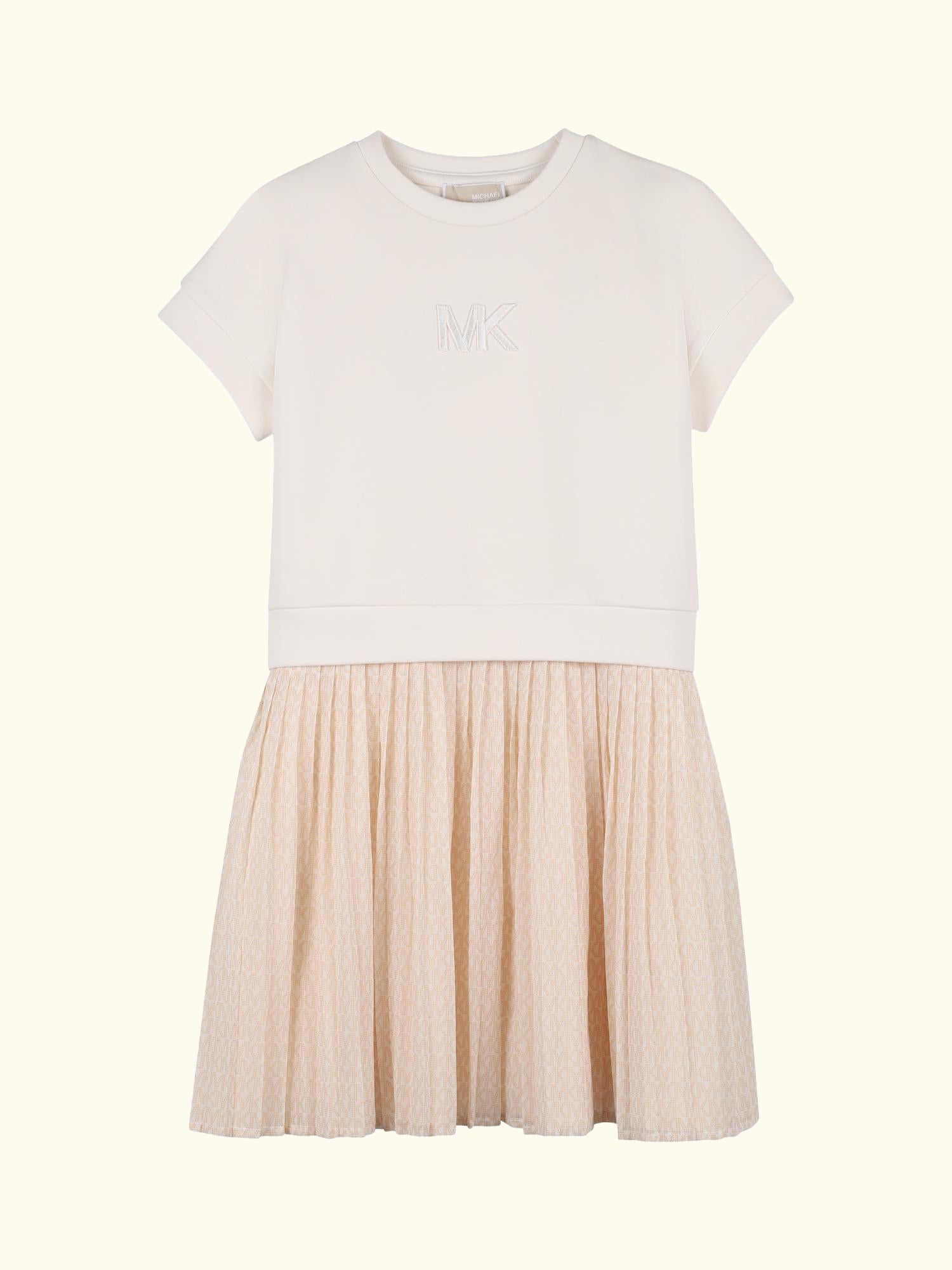 Kids' Short Sleeve Pleated Dress, Cream