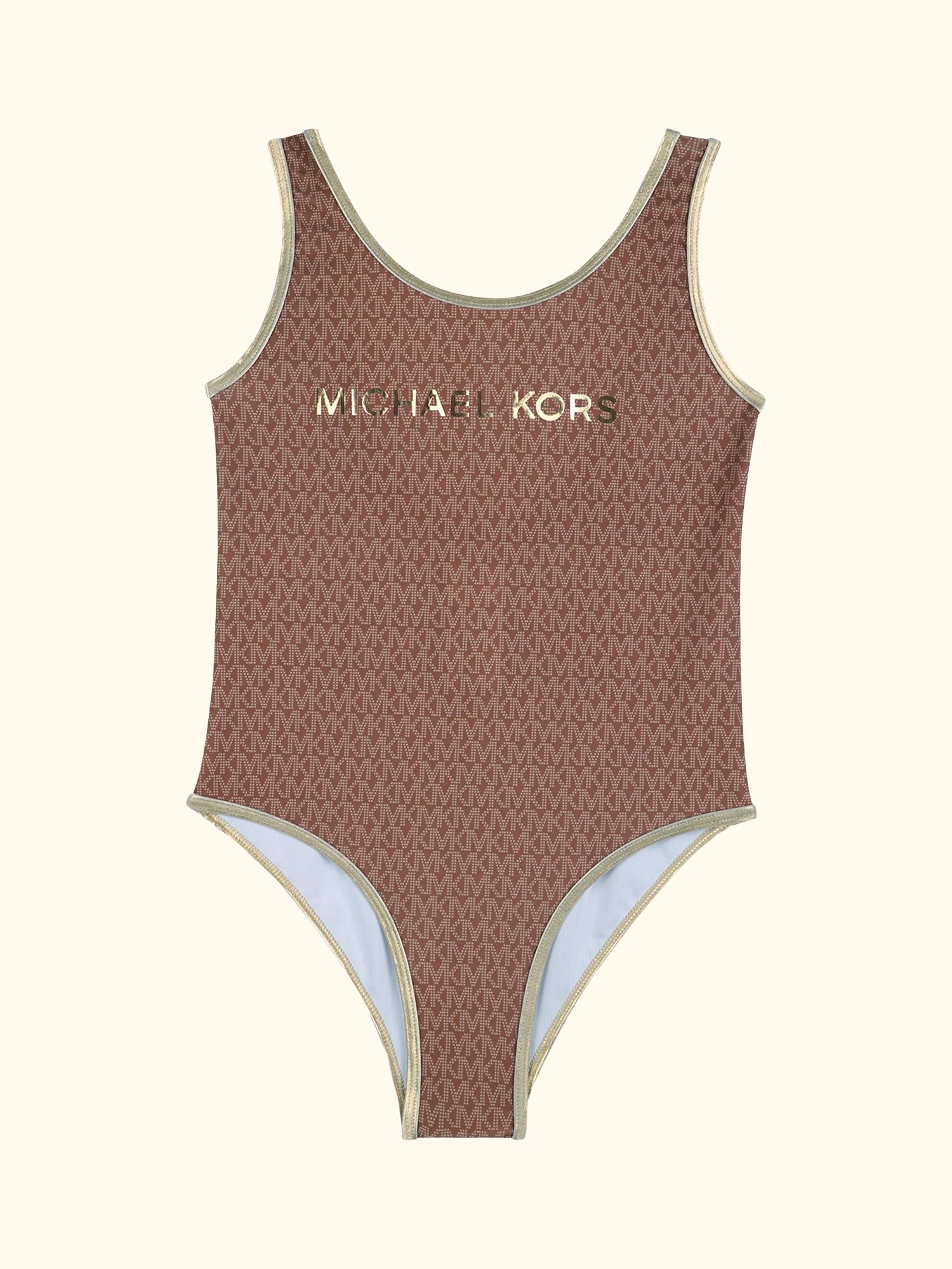 Kids' Metallic Logo Swimming Costume, Dark Chocolate