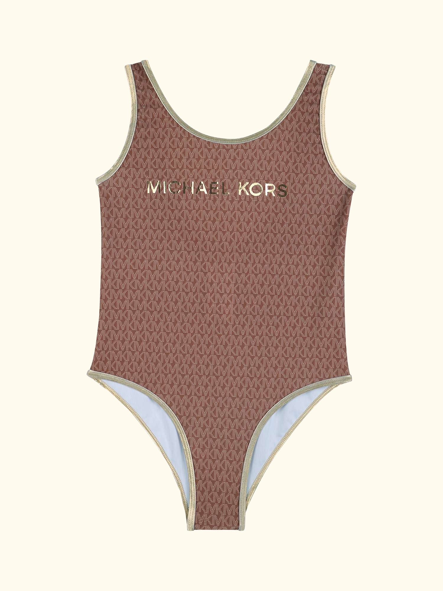 Kids' Metallic Logo Swimming Costume, Dark Chocolate