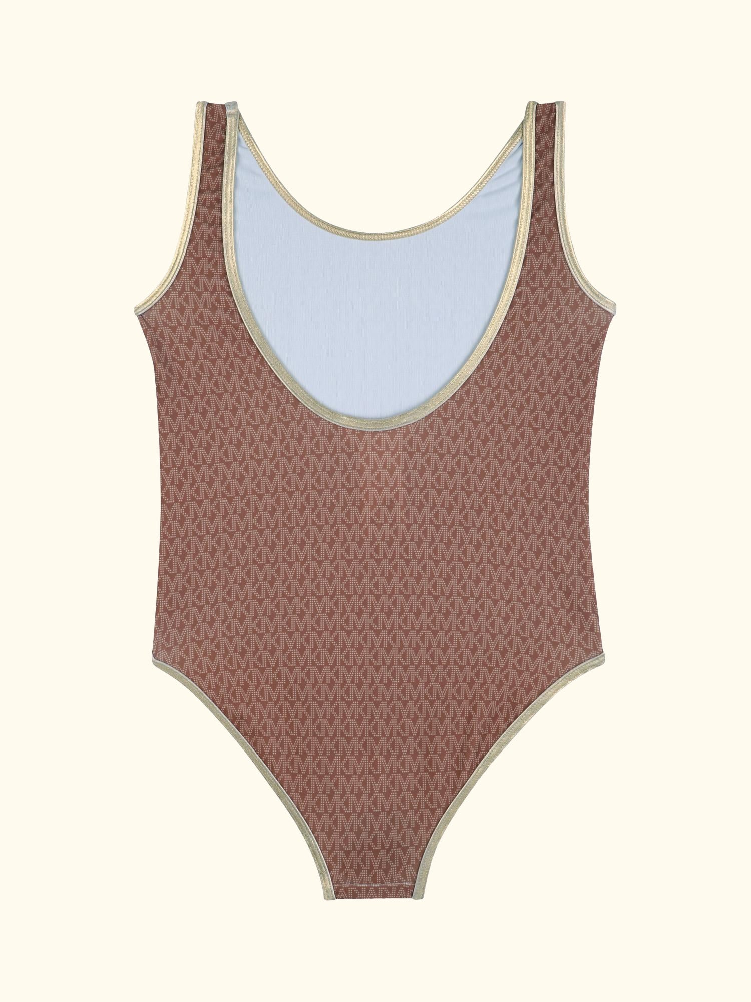 Kids' Metallic Logo Swimming Costume, Dark Chocolate