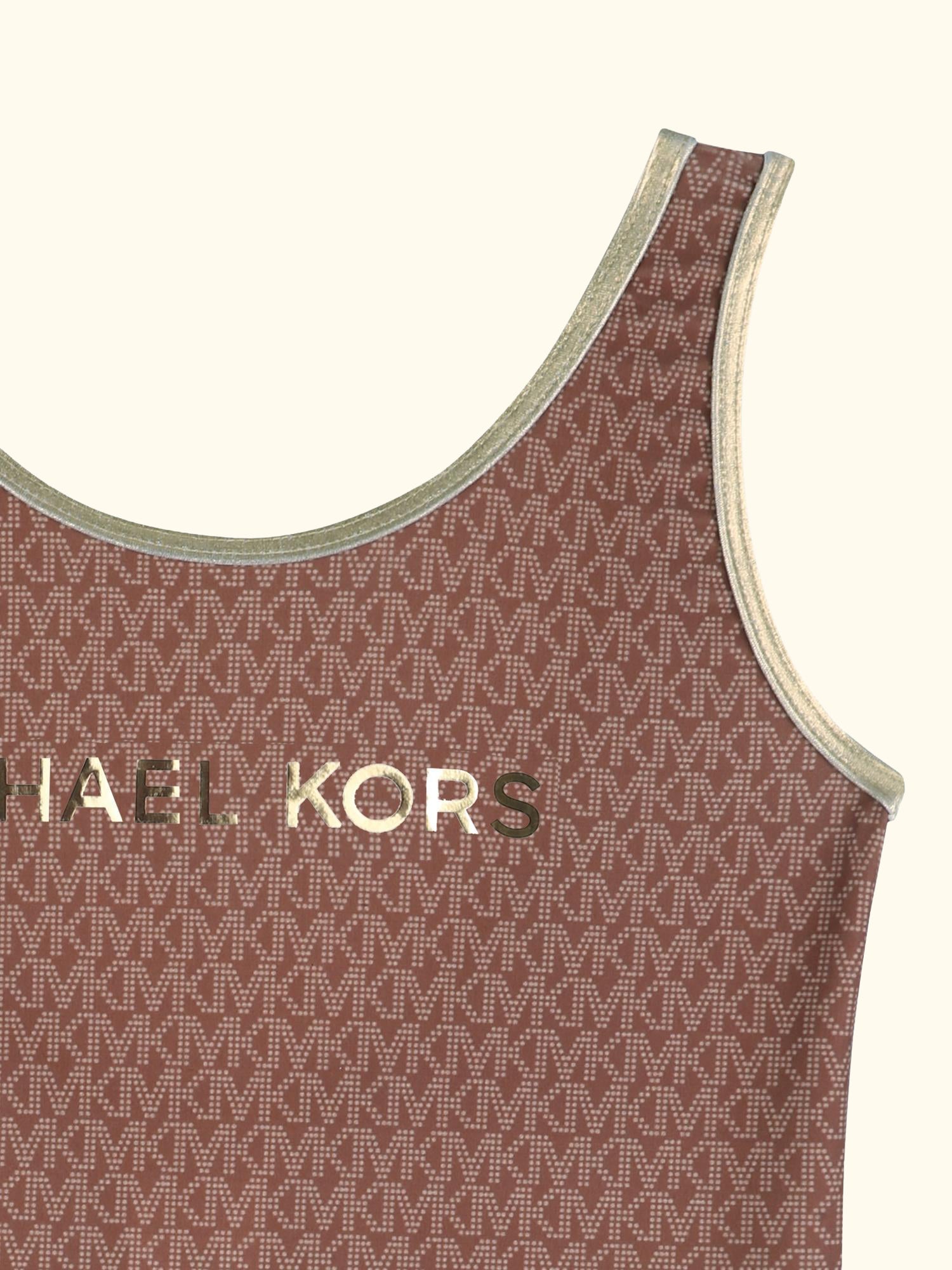 Kids' Metallic Logo Swimming Costume, Dark Chocolate