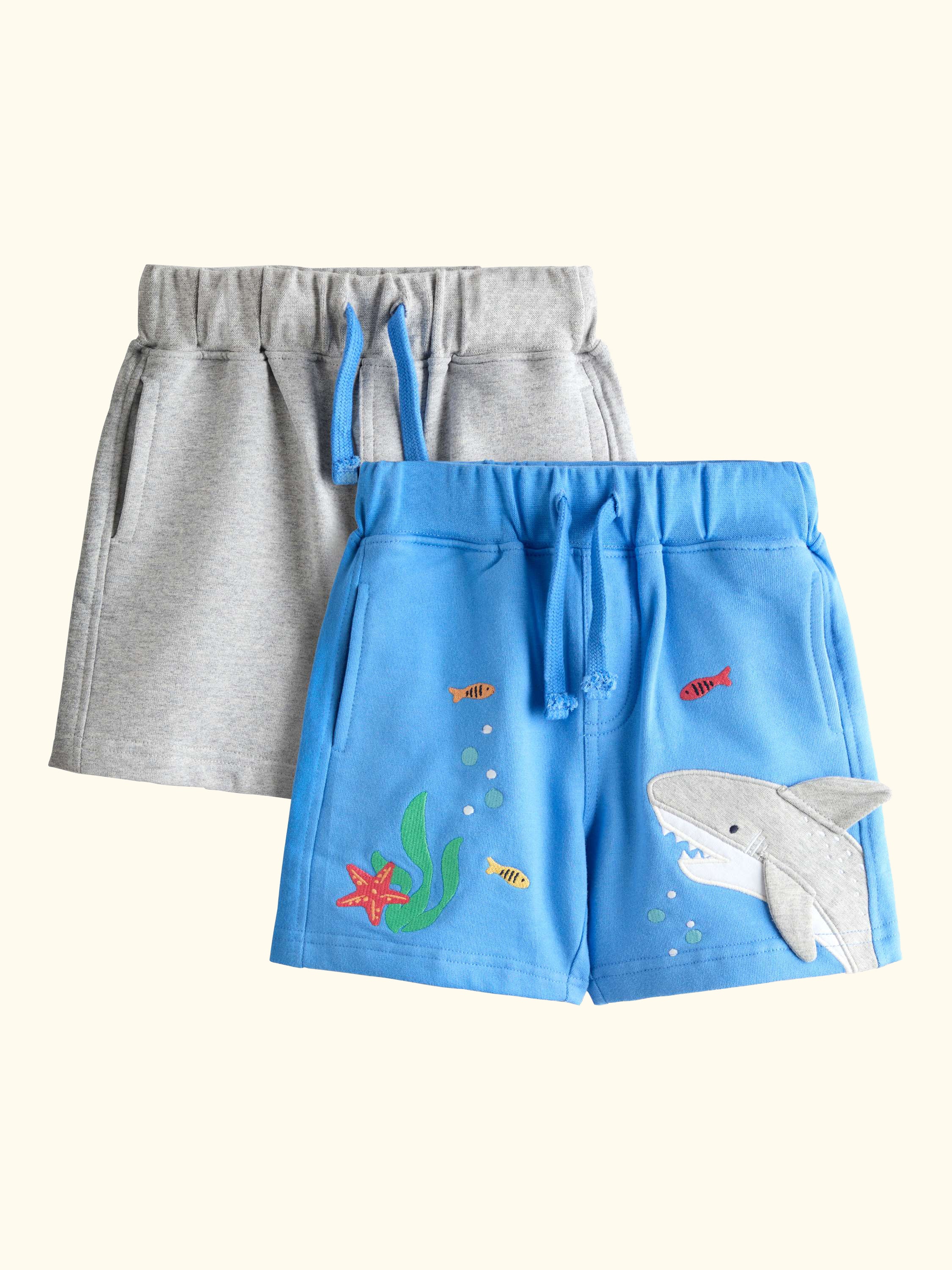 Kids' Appliqué & Plain Shorts, Pack of 2, Mid Blue