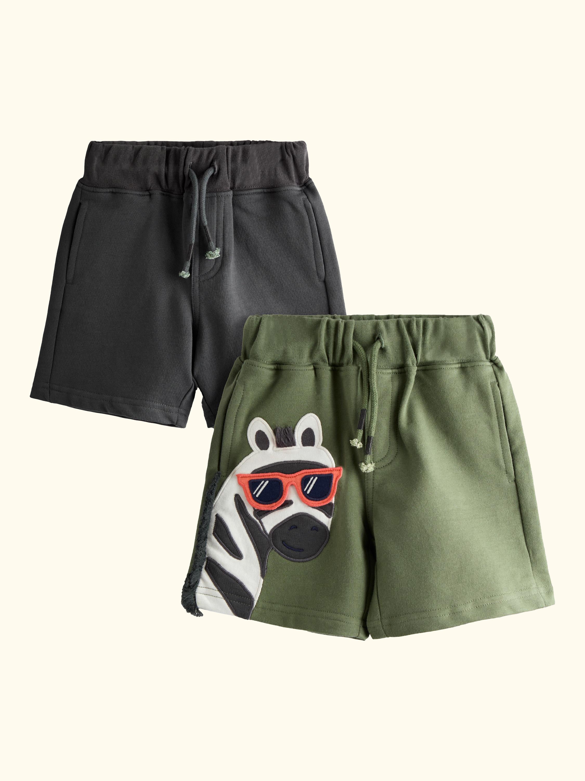 Kids' Zebra Applique & Plain Shorts, Pack of 2, Khaki Green
