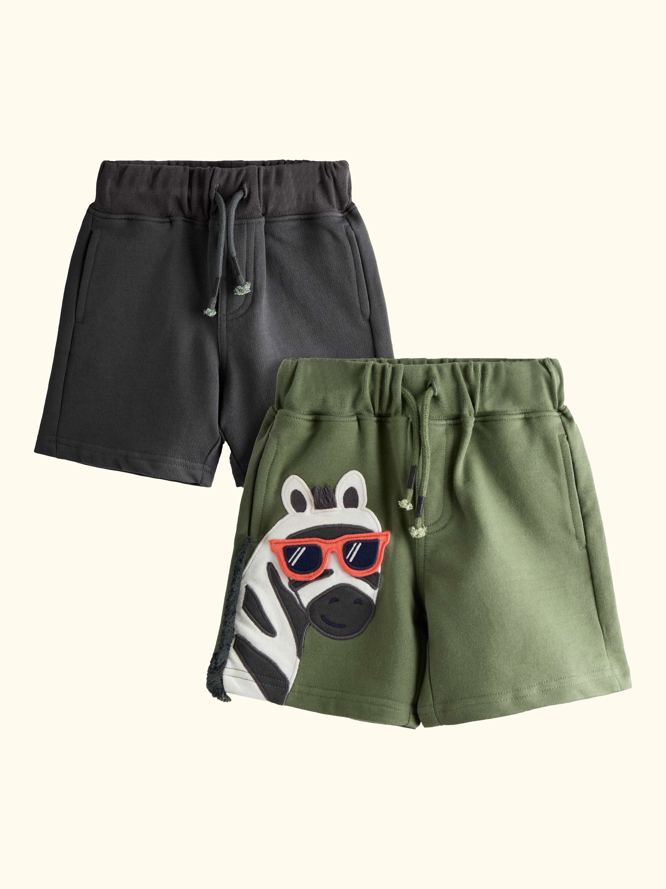 Kids' Zebra Applique & Plain Shorts, Pack of 2, Khaki Green