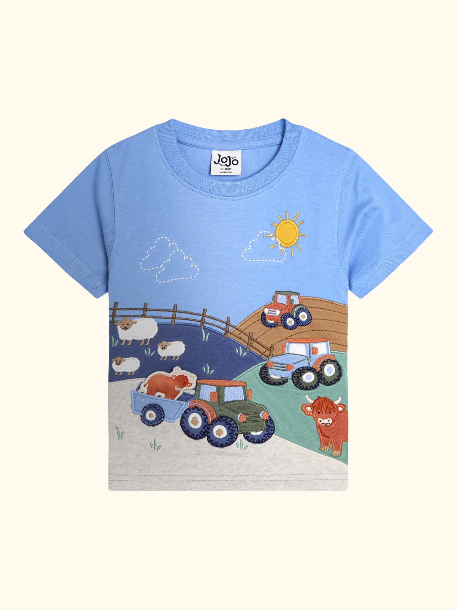 Kids' Farm Scene Interactive Appliqué T-Shirt, Light Blue Marl
