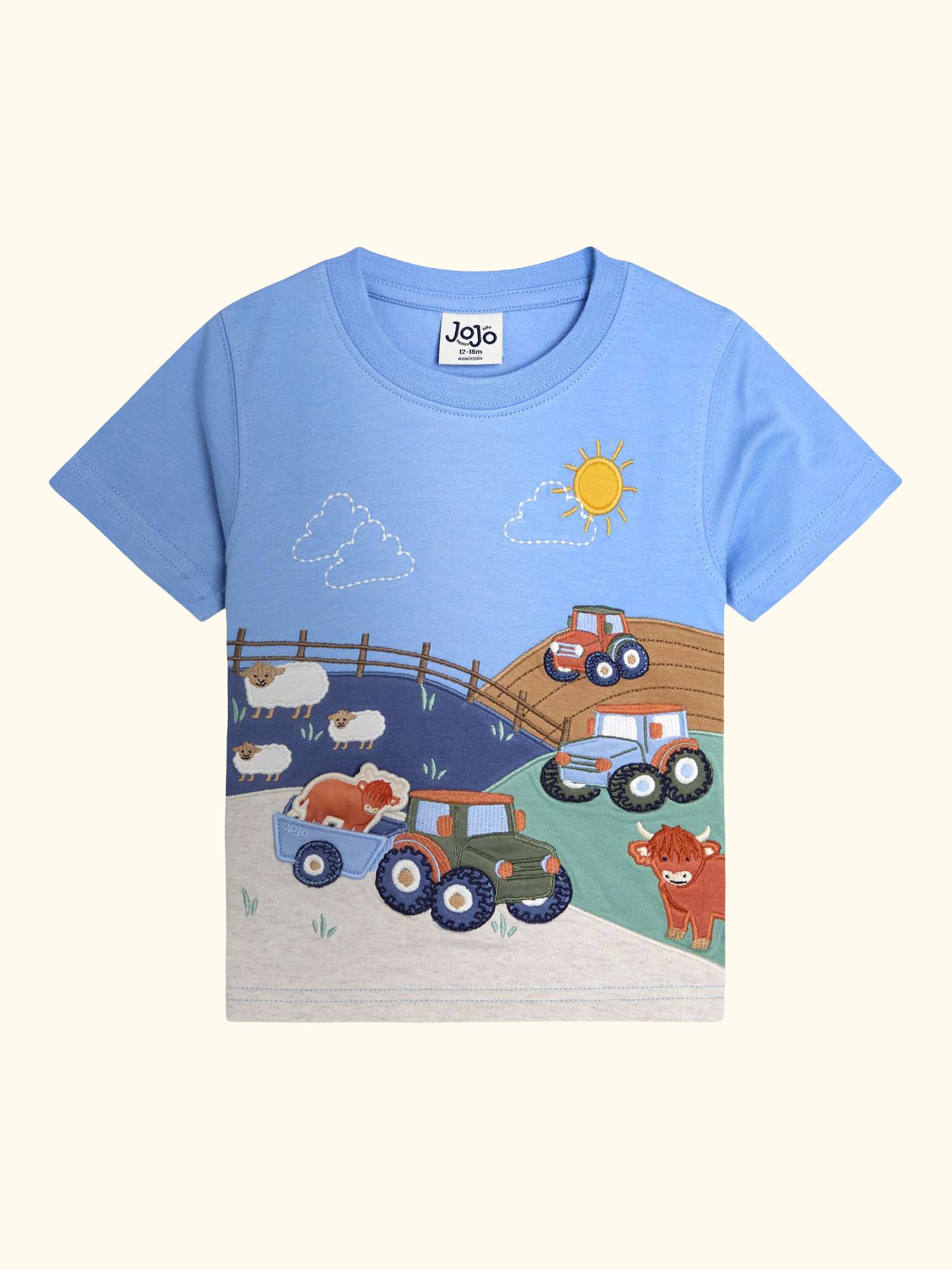 Kids' Farm Scene Interactive Appliqué T-Shirt, Light Blue Marl