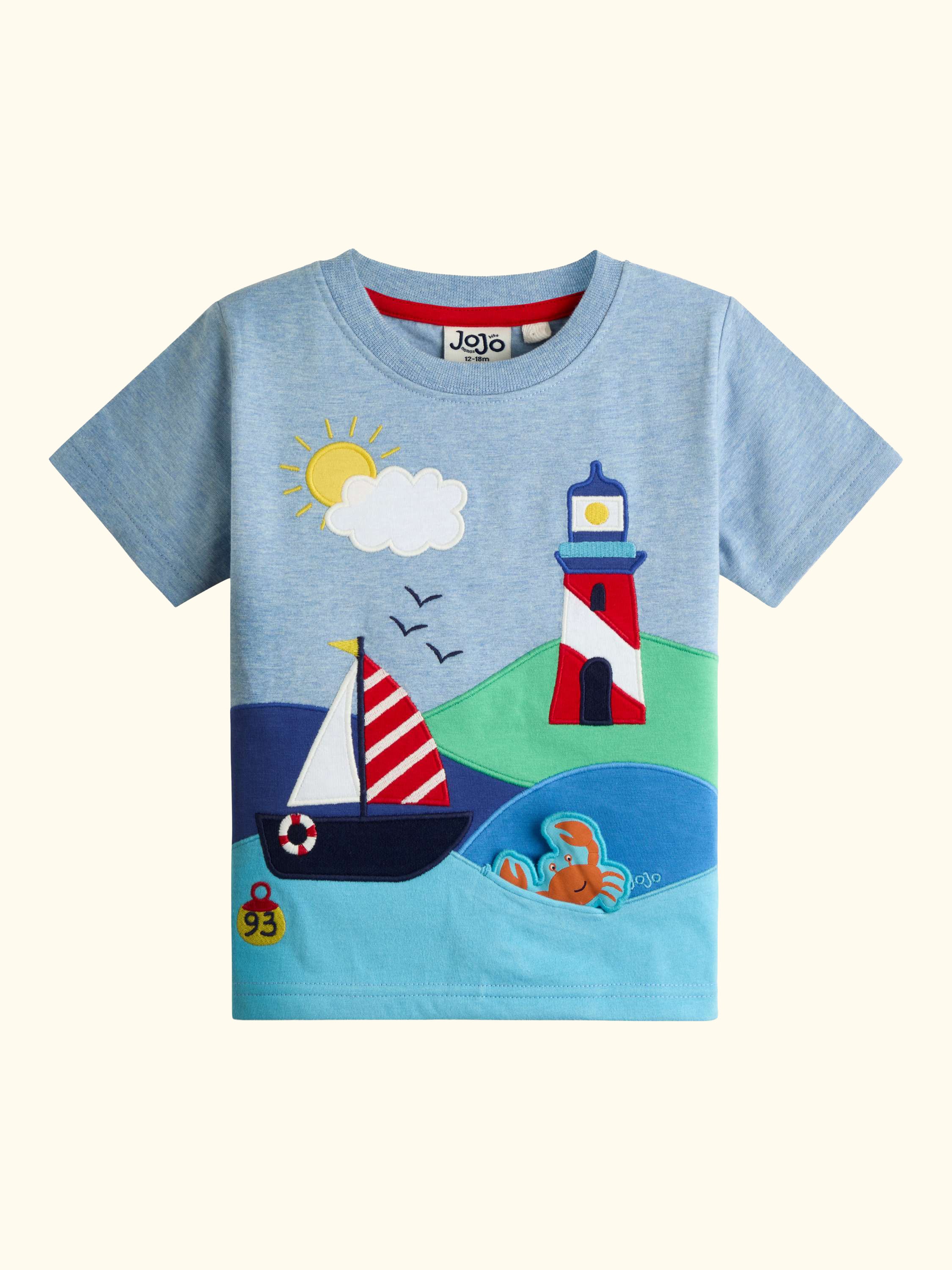 Kids' Lighthouse Scene Appliqué T-Shirt, Light Blue Marl