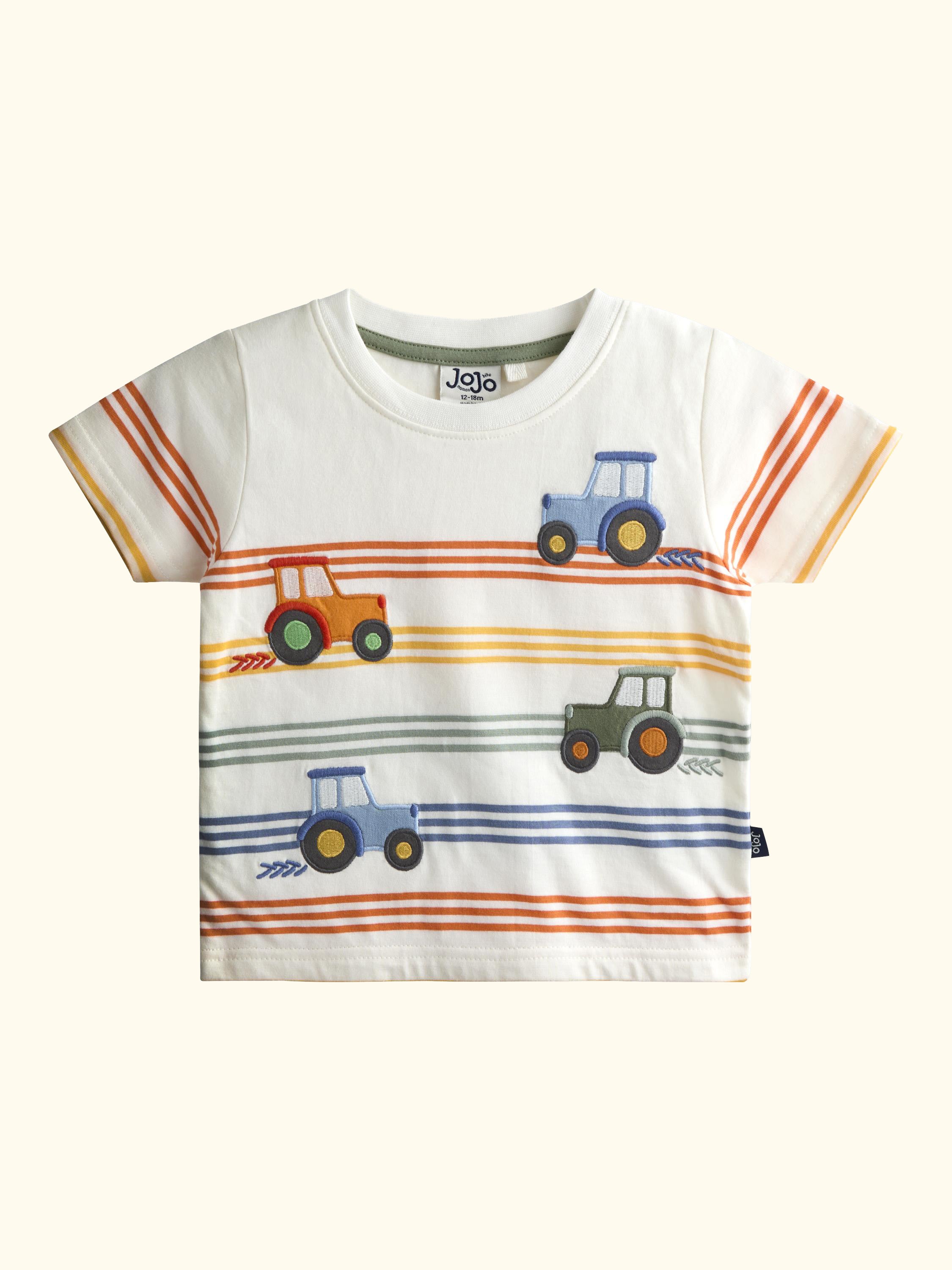 Kids' Tractor Stripe Appliqué T-Shirt, Cream