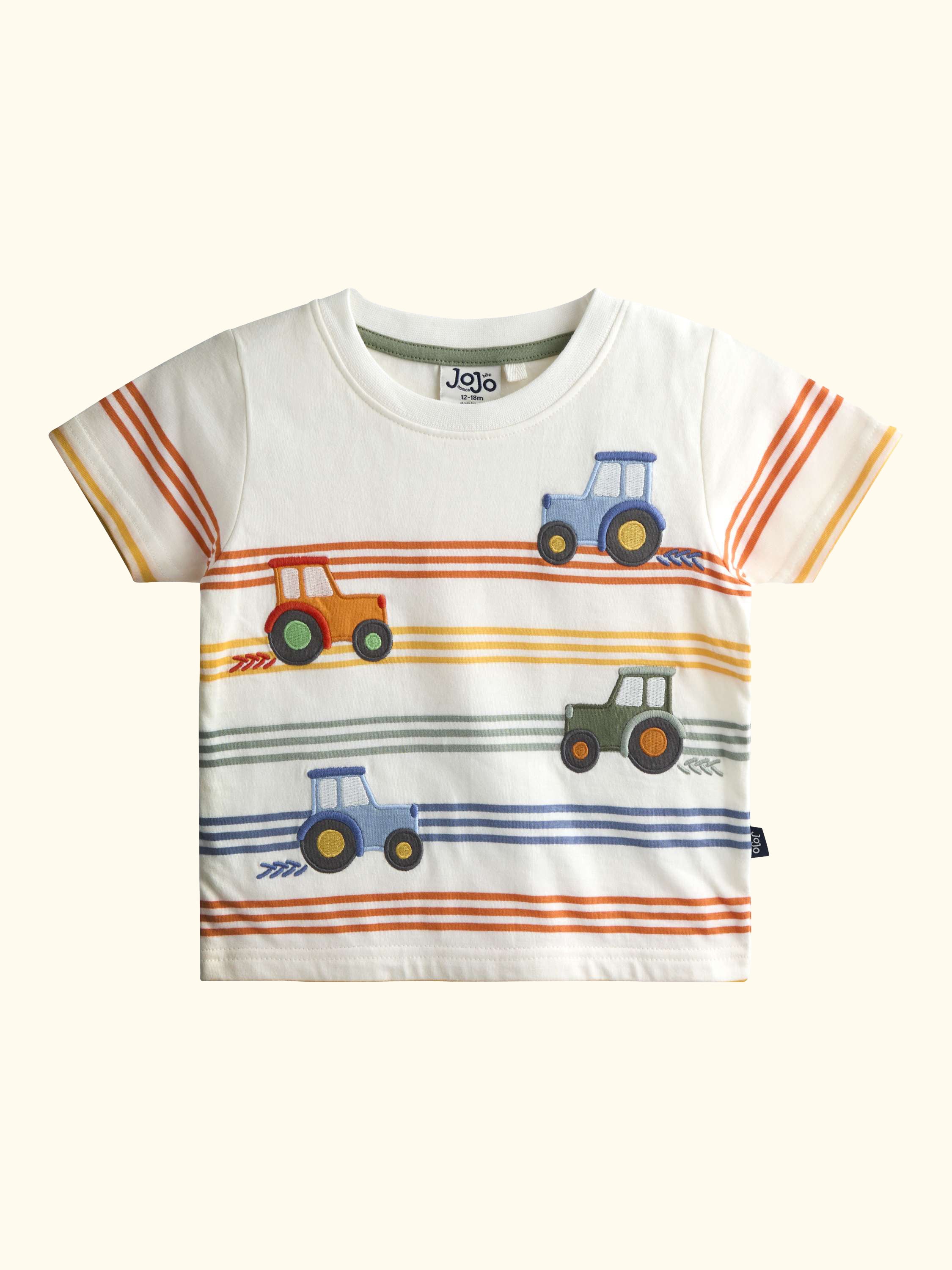 Kids' Tractor Stripe Appliqué T-Shirt, Cream