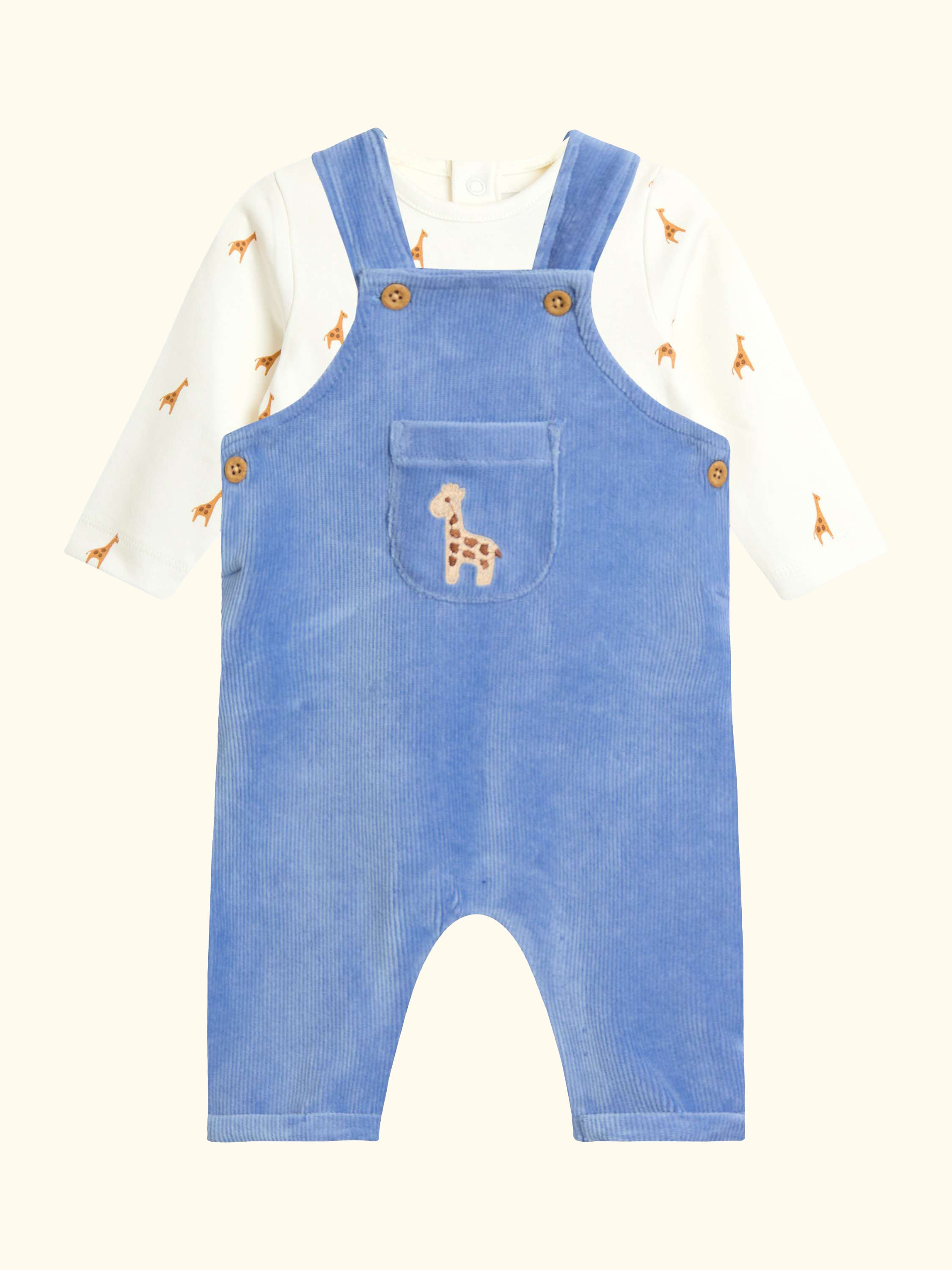 Baby Giraffe Rib Velour Dungarees & Bodysuit Set, Blue