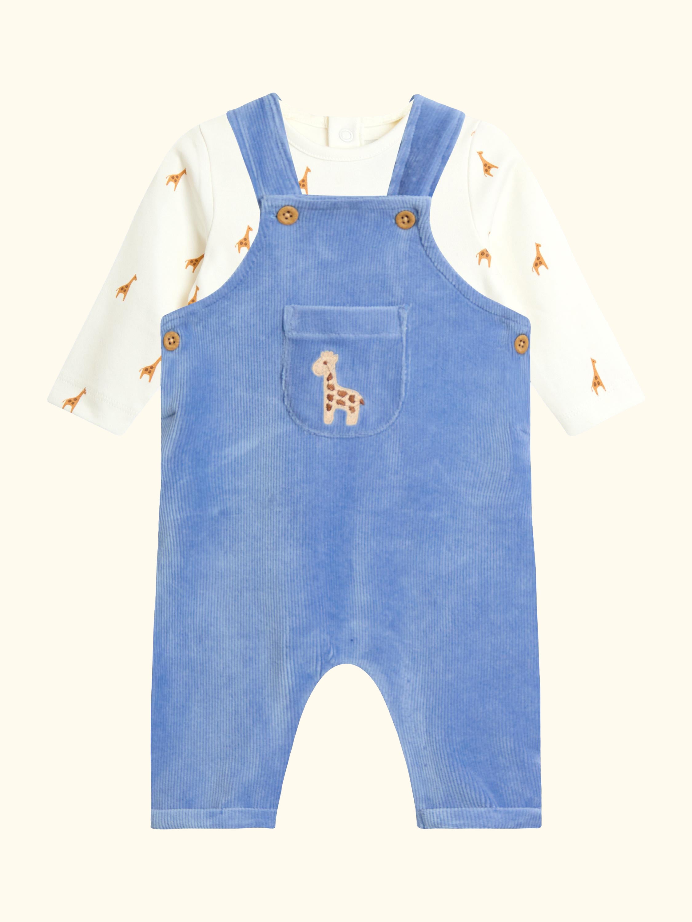 Baby Giraffe Rib Velour Dungarees & Bodysuit Set, Blue
