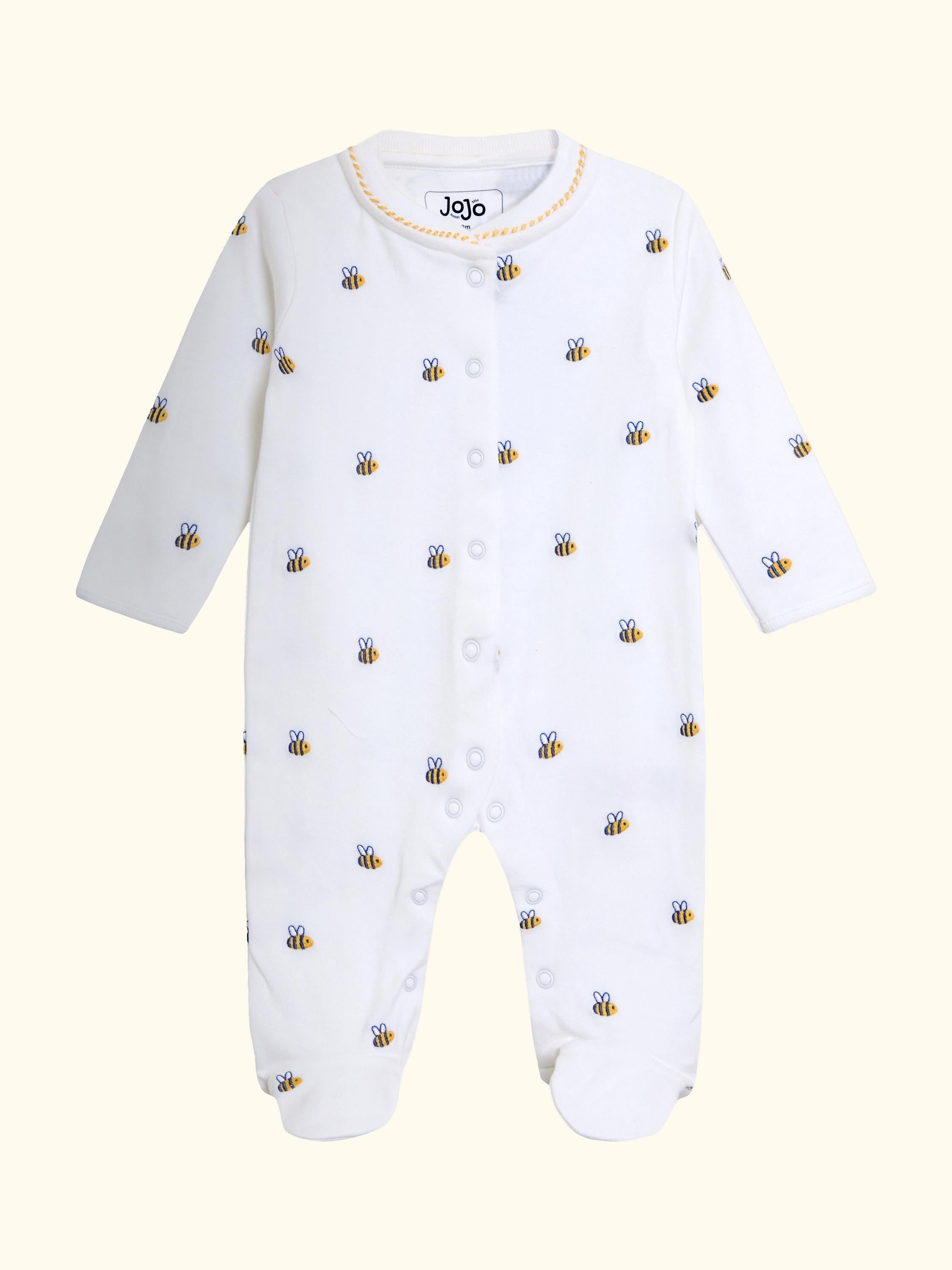 Baby Bee Embroidered Footed Sleepsuit, White