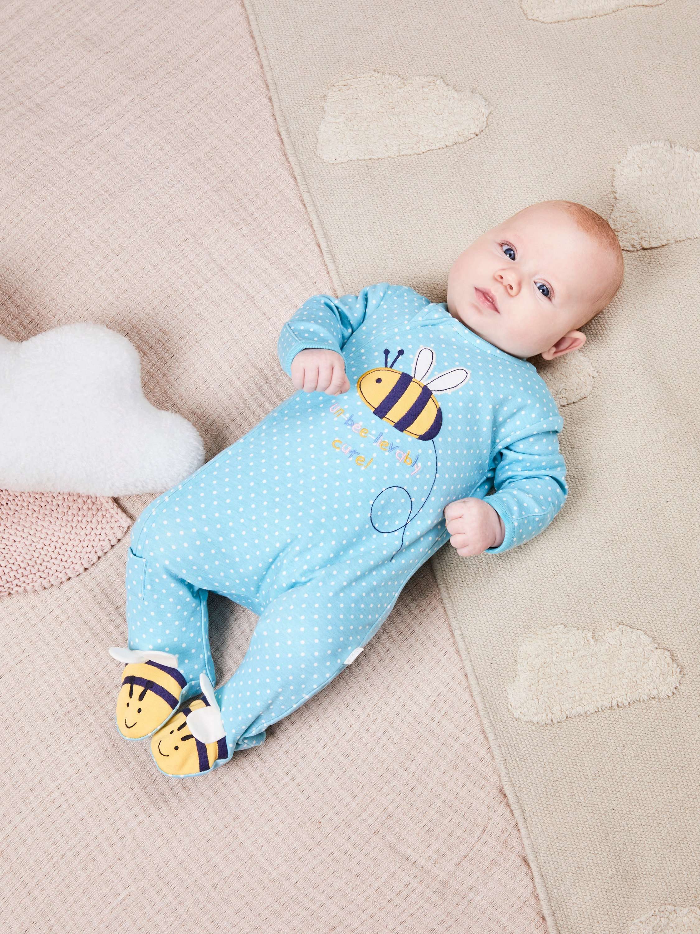 Baby Bee Appliqué Zip Sleepsuit, Duck Egg
