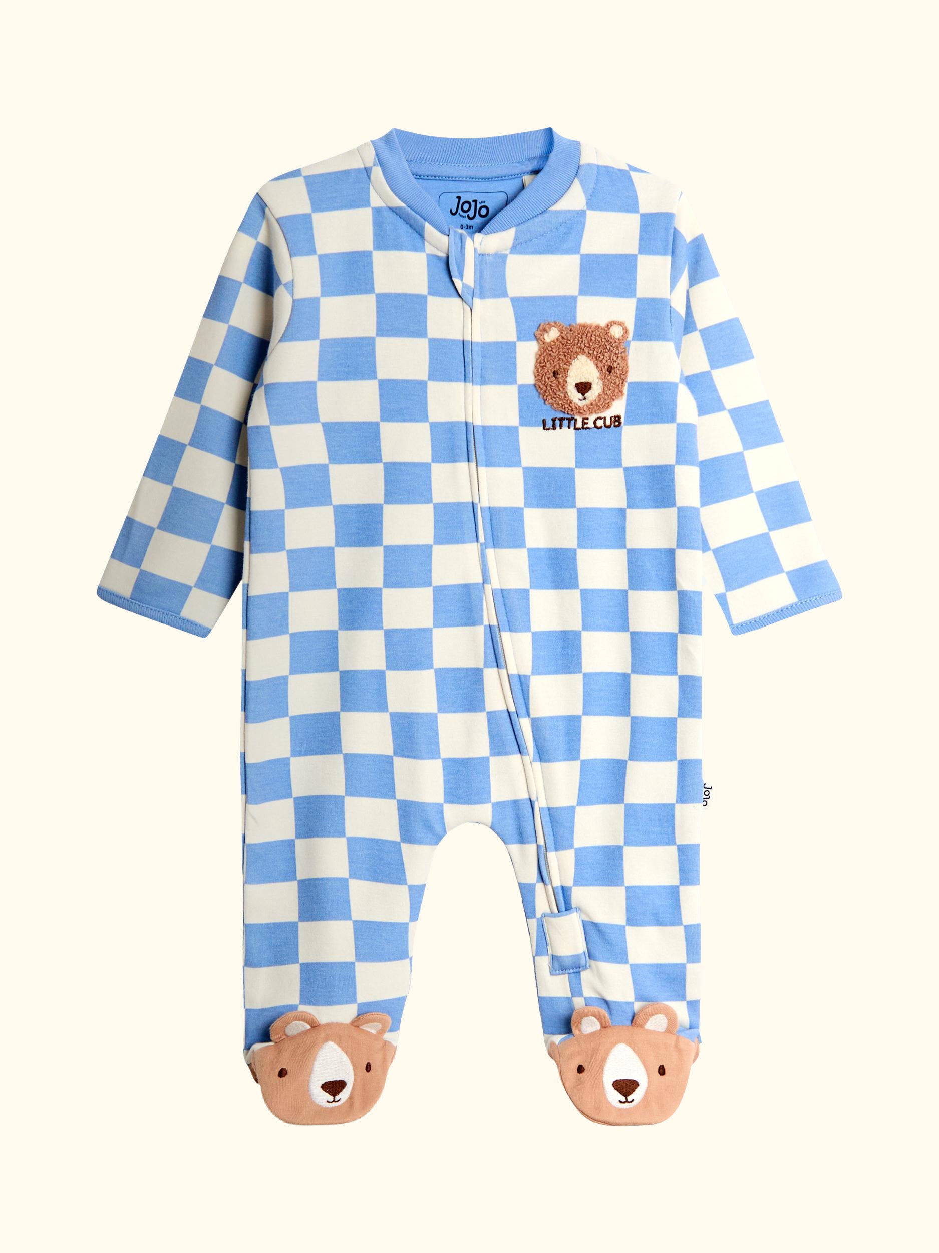 Baby Applique Bear Checked Sleepsuit, Blue