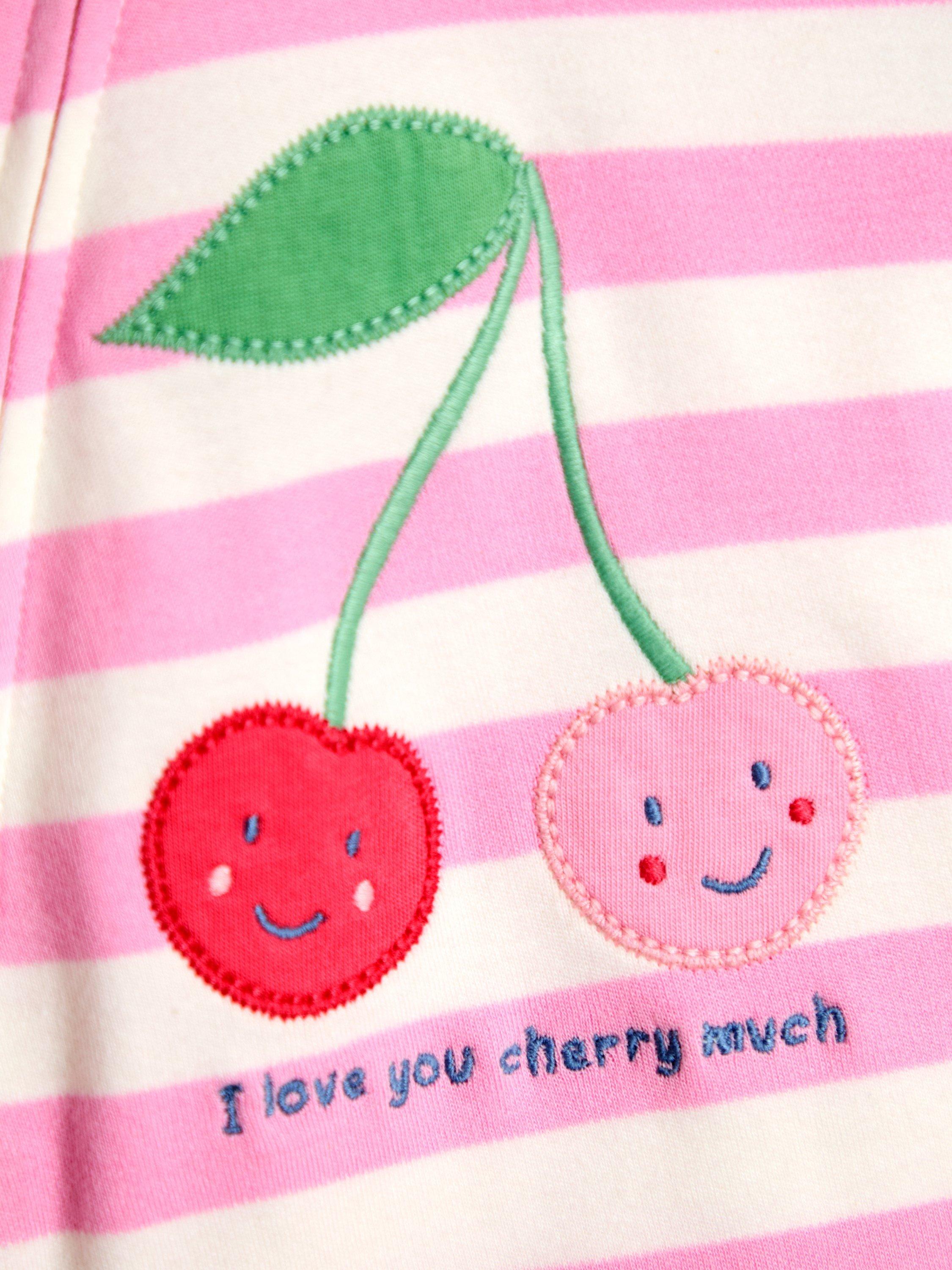 Baby Cherry Appliqué Zip Footed Sleepsuit, Pink