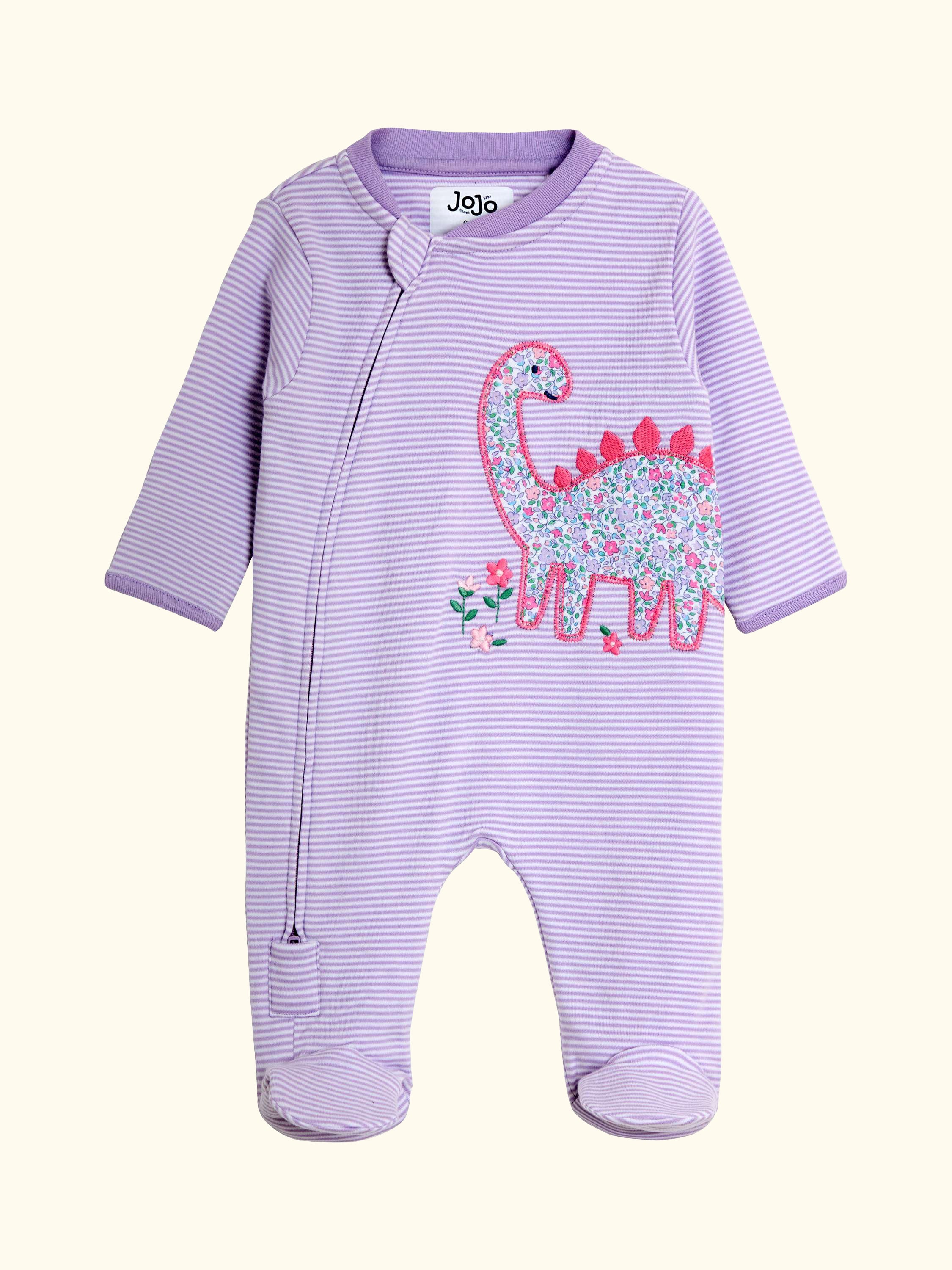 Baby Dino Stripe Appliqué Zip Footed Sleepsuit, Purple