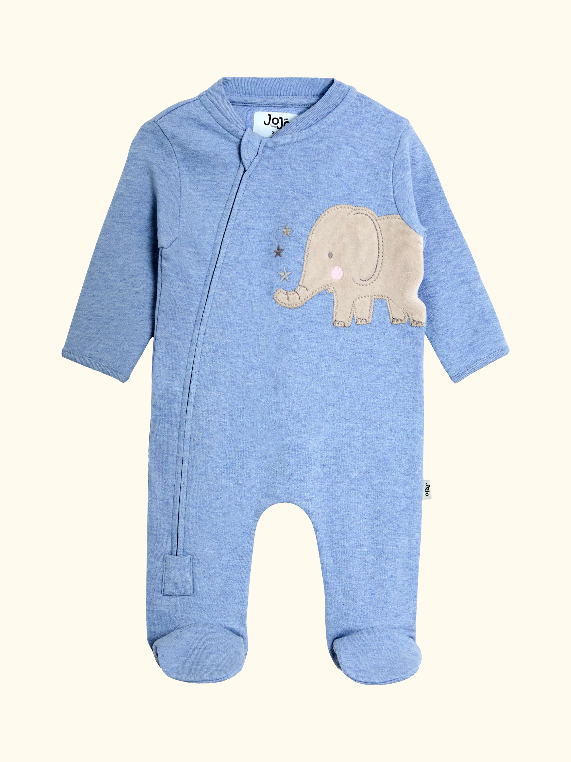 Baby Elephant Appliqué Zip Footed Sleepsuit, Blue