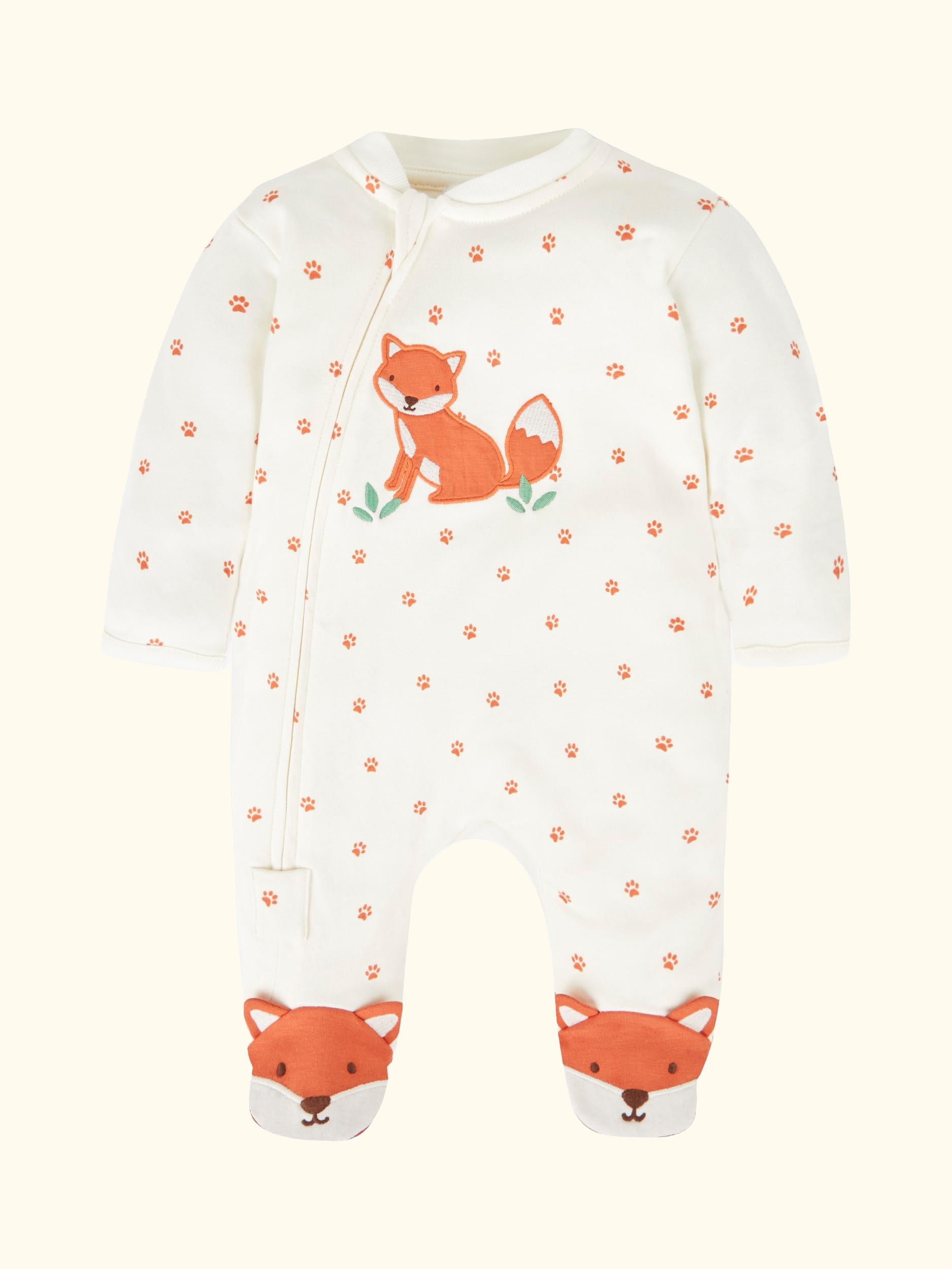 Baby Fox Appliqué Zip Sleepsuit, Cream/Orange