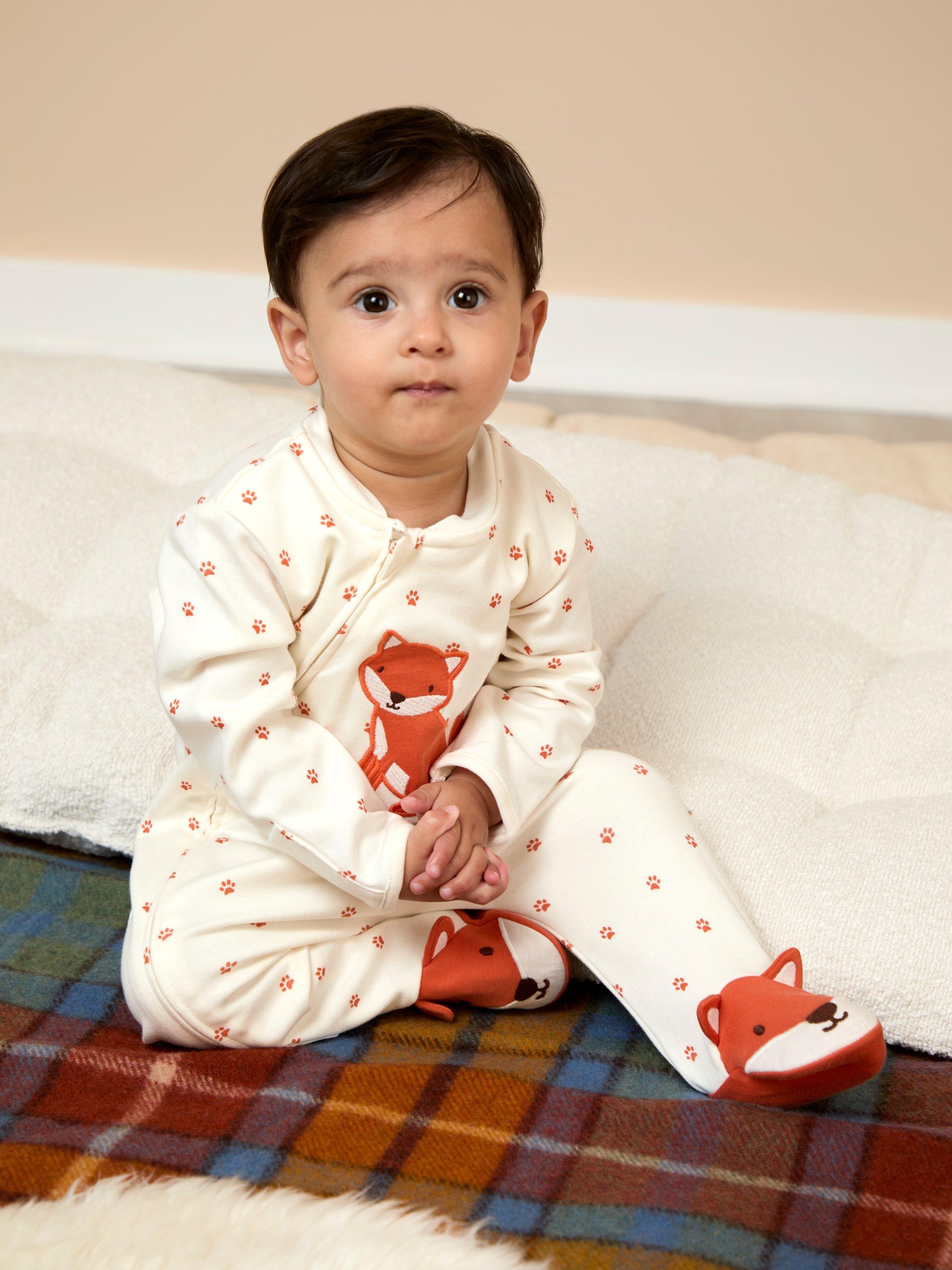 Baby Fox Appliqué Zip Sleepsuit, Cream/Orange