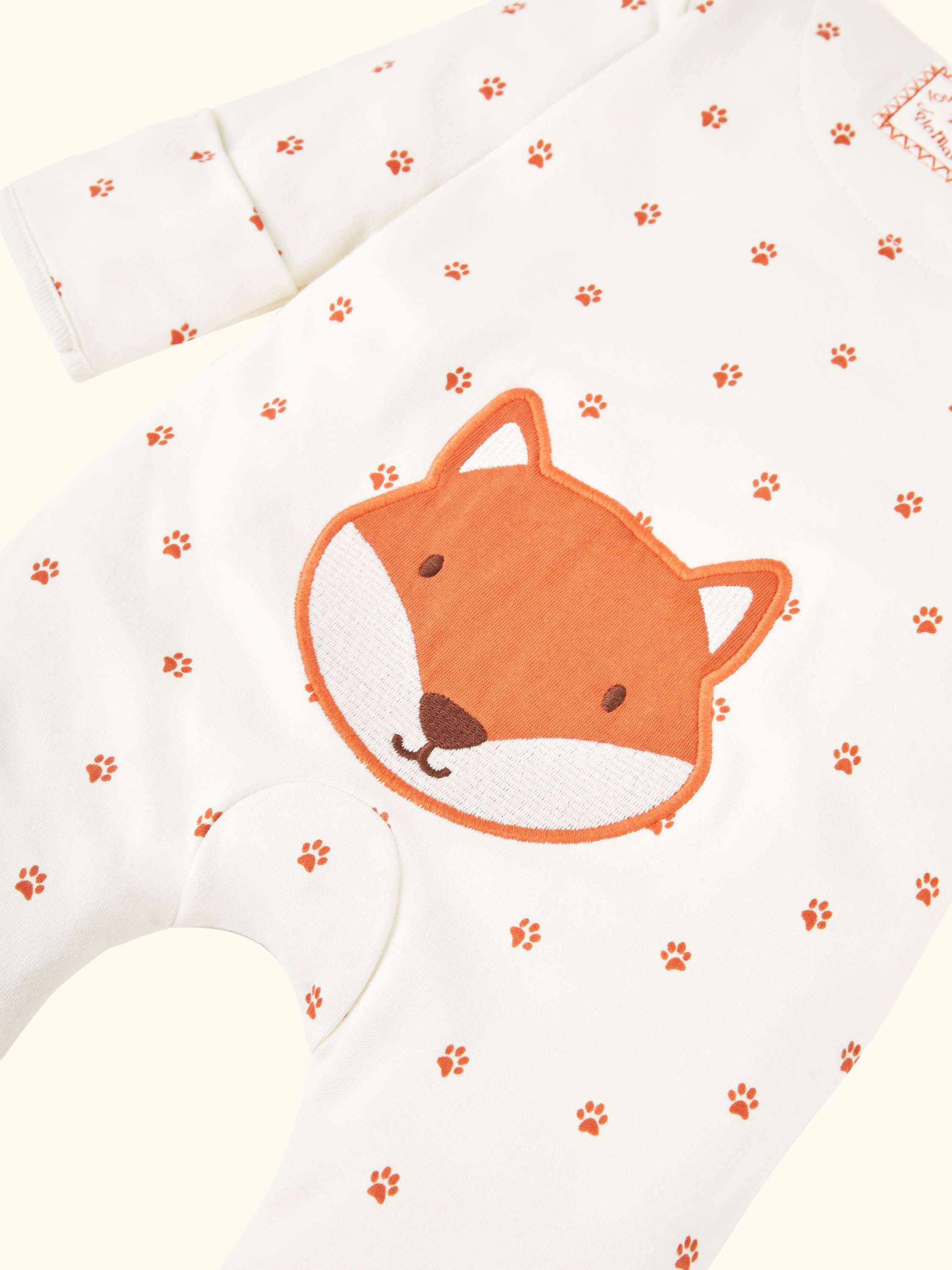 Baby Fox Appliqué Zip Sleepsuit, Cream/Orange