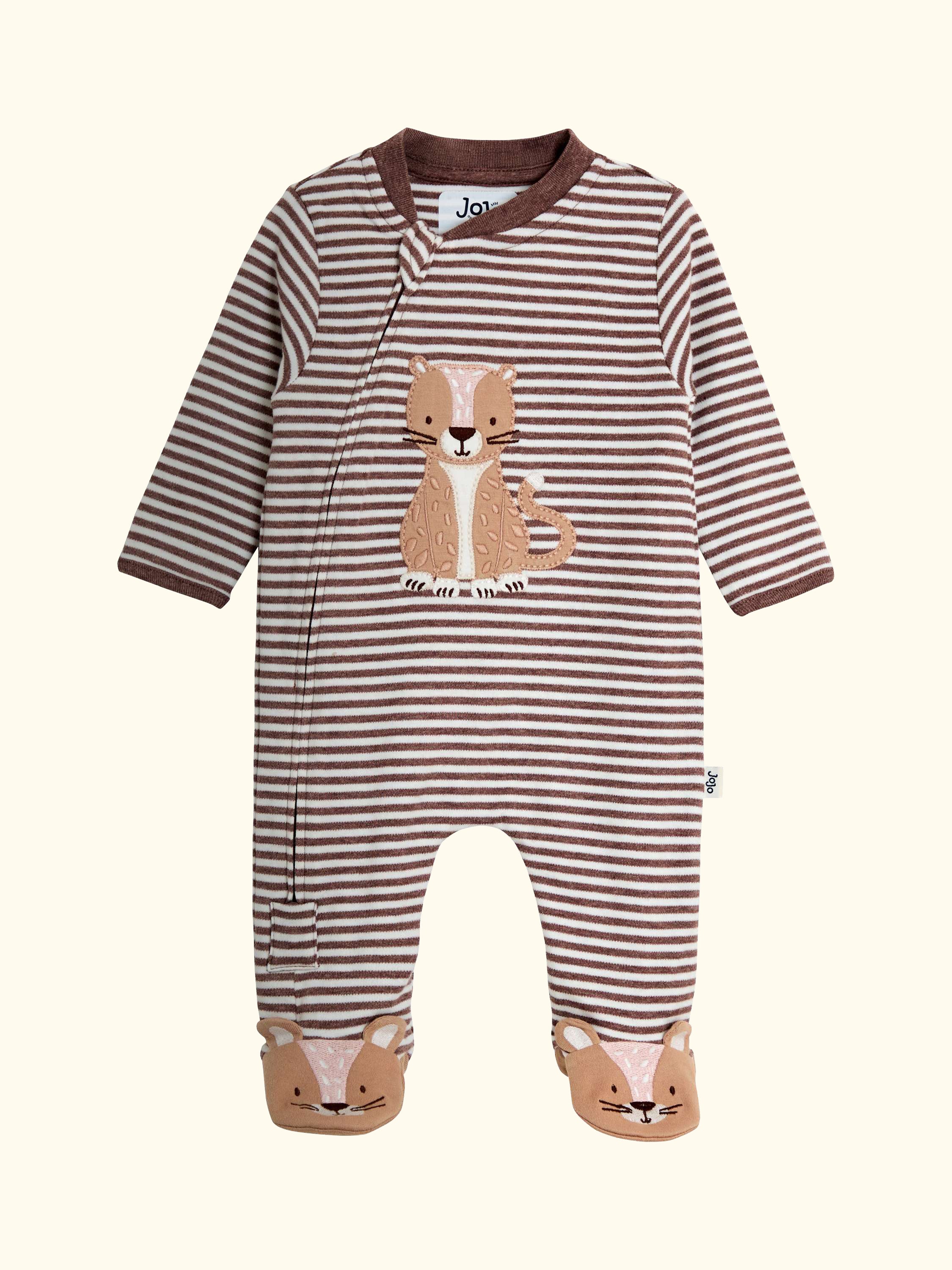 Baby Cheetah Stripe Appliqué Zip Footed Sleepsuit, Fawn