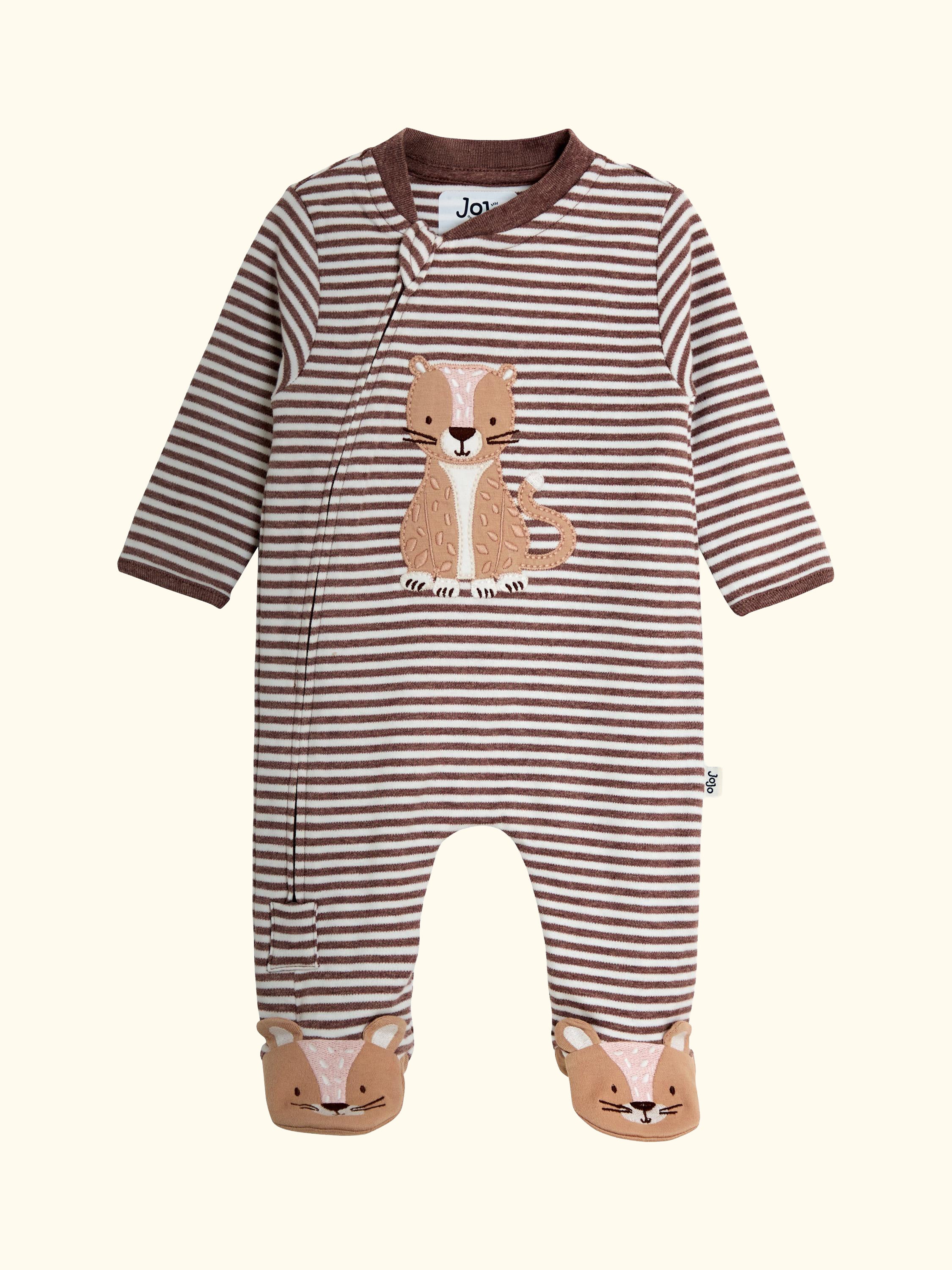 Baby Cheetah Stripe Appliqué Zip Footed Sleepsuit, Fawn