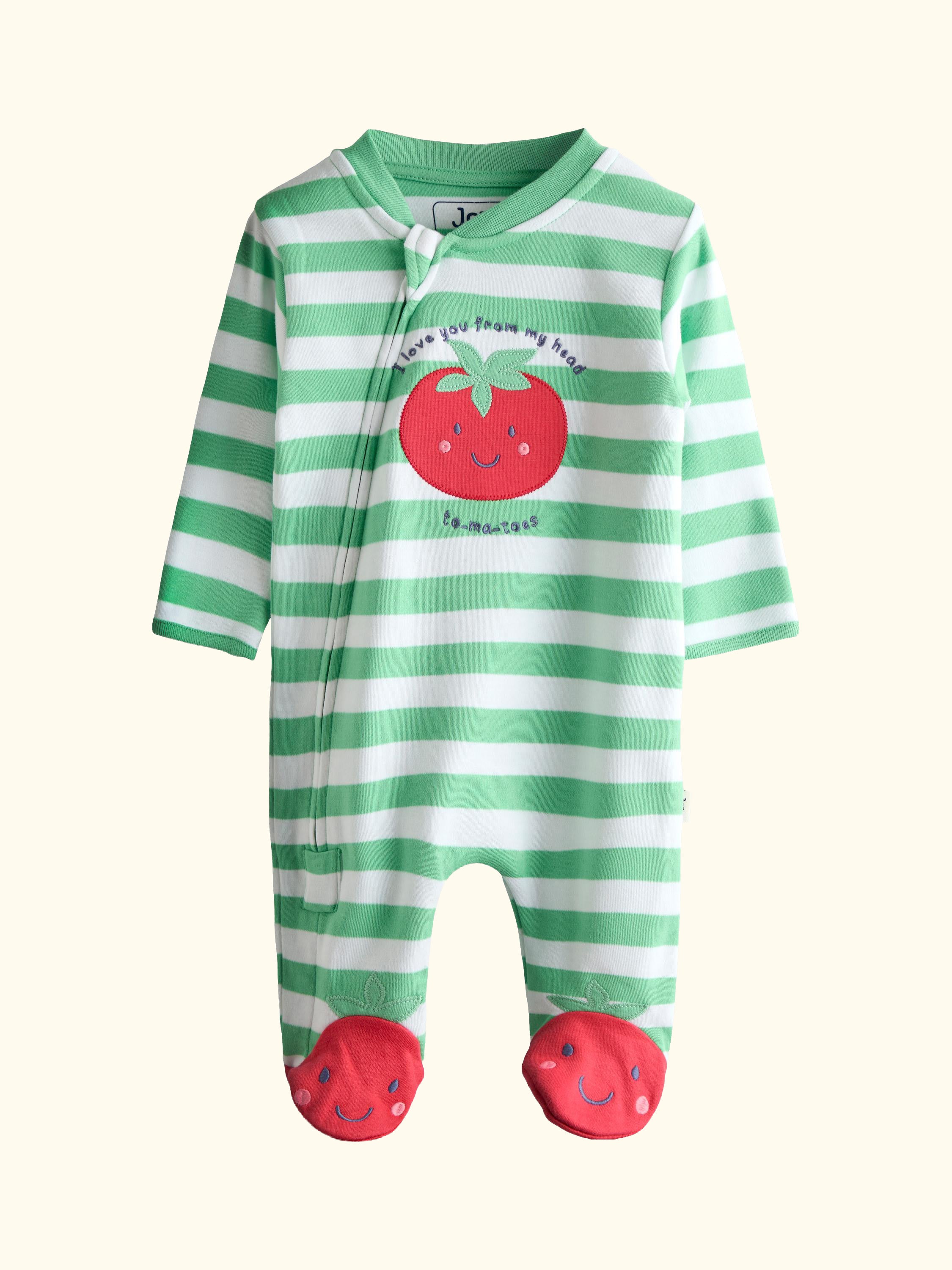 Baby Tomato Appliqué Cotton Footed Zip Sleepsuit, Green
