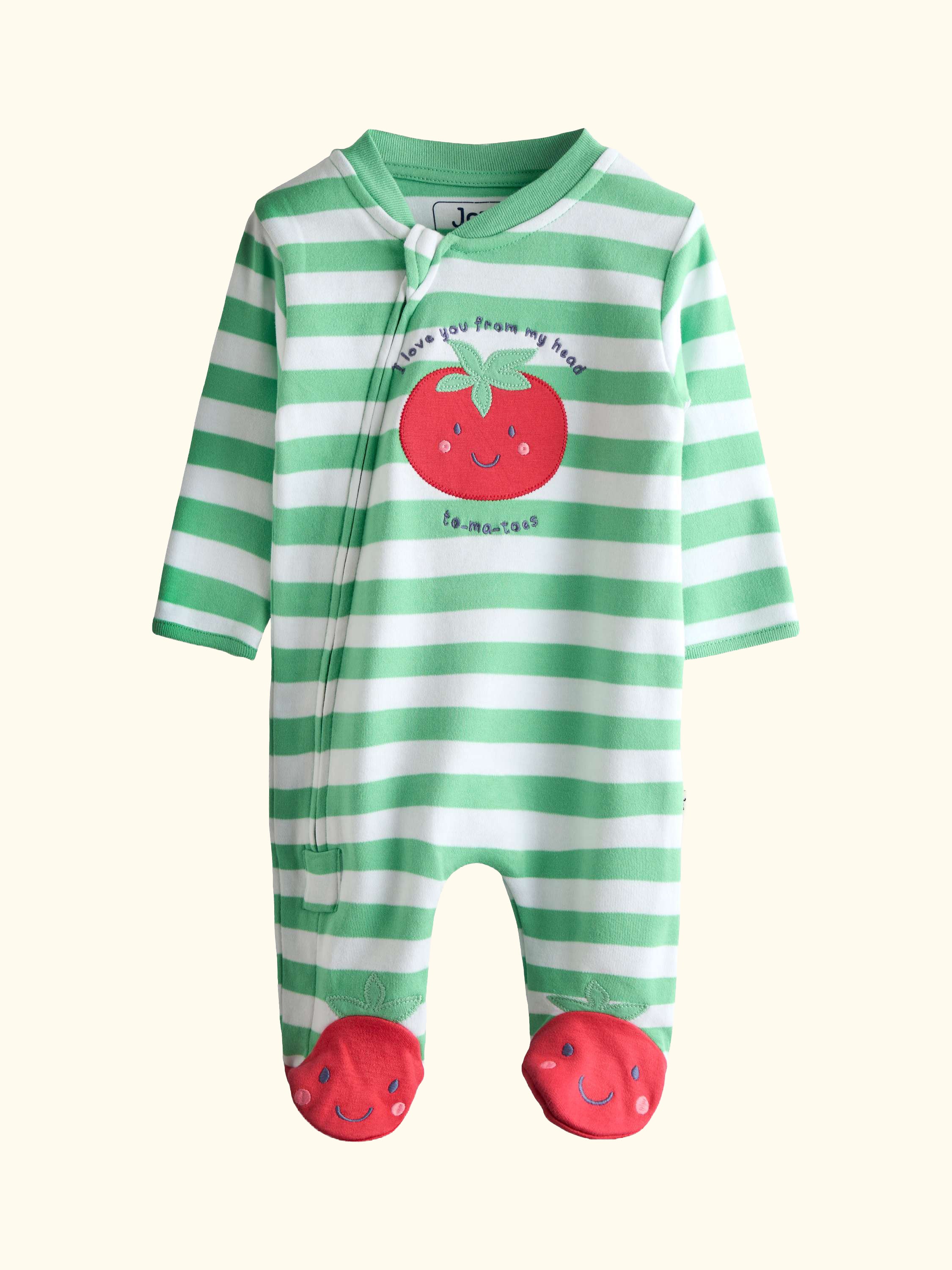 Baby Tomato Appliqué Cotton Footed Zip Sleepsuit, Green